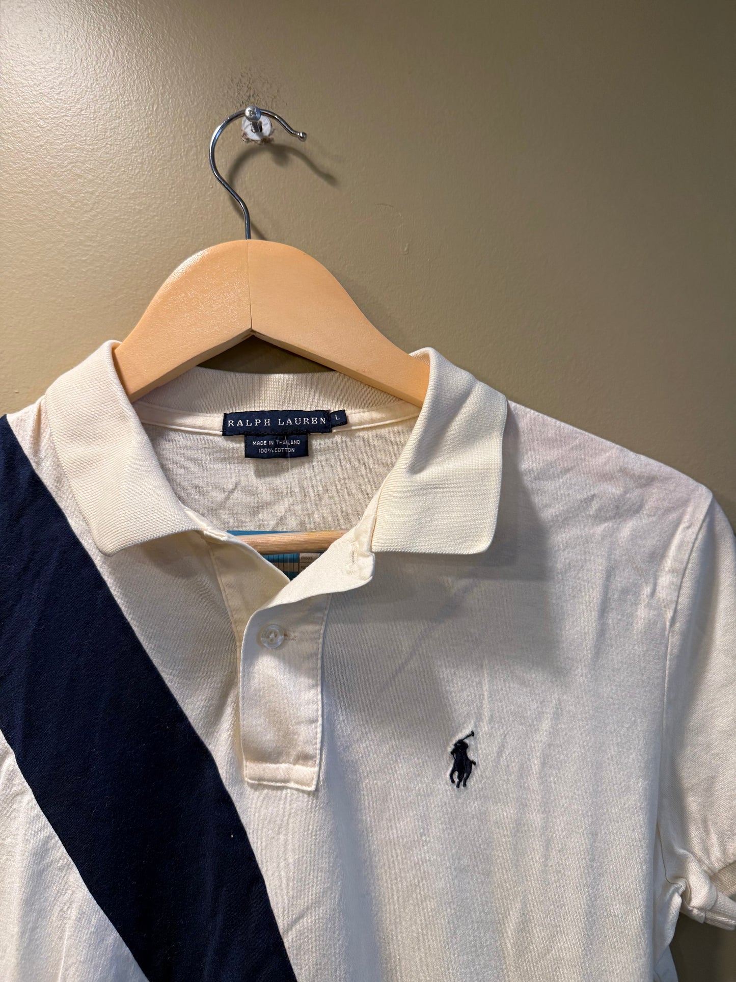 Vintage Polo Ralph Lauren White & Navy Blue Striped Polo Shirt- S