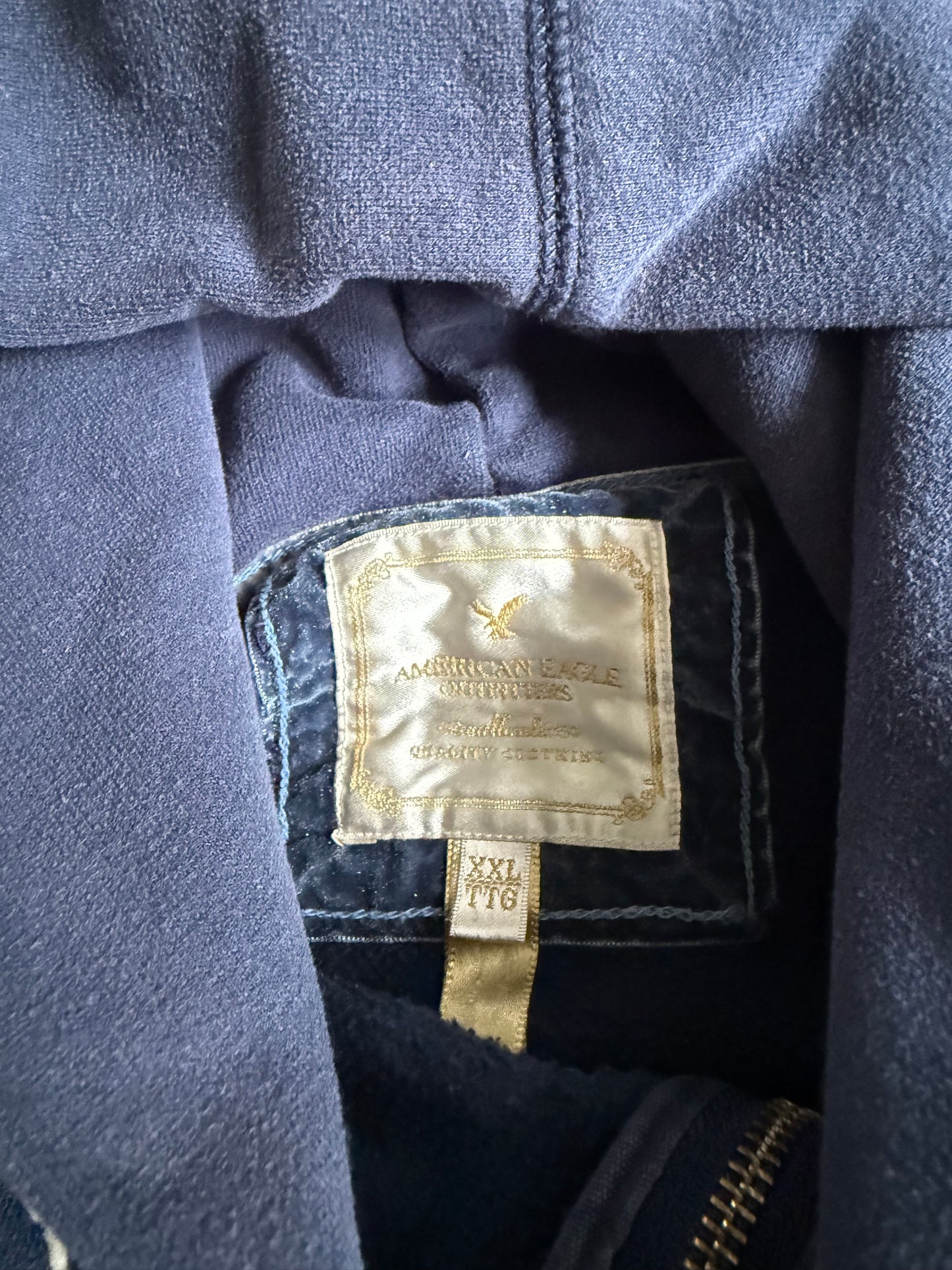 Vintage Y2K American Eagle Sun Faded Navy Blue Cropped Zip-Up Hoodie Sweatshirt- XL