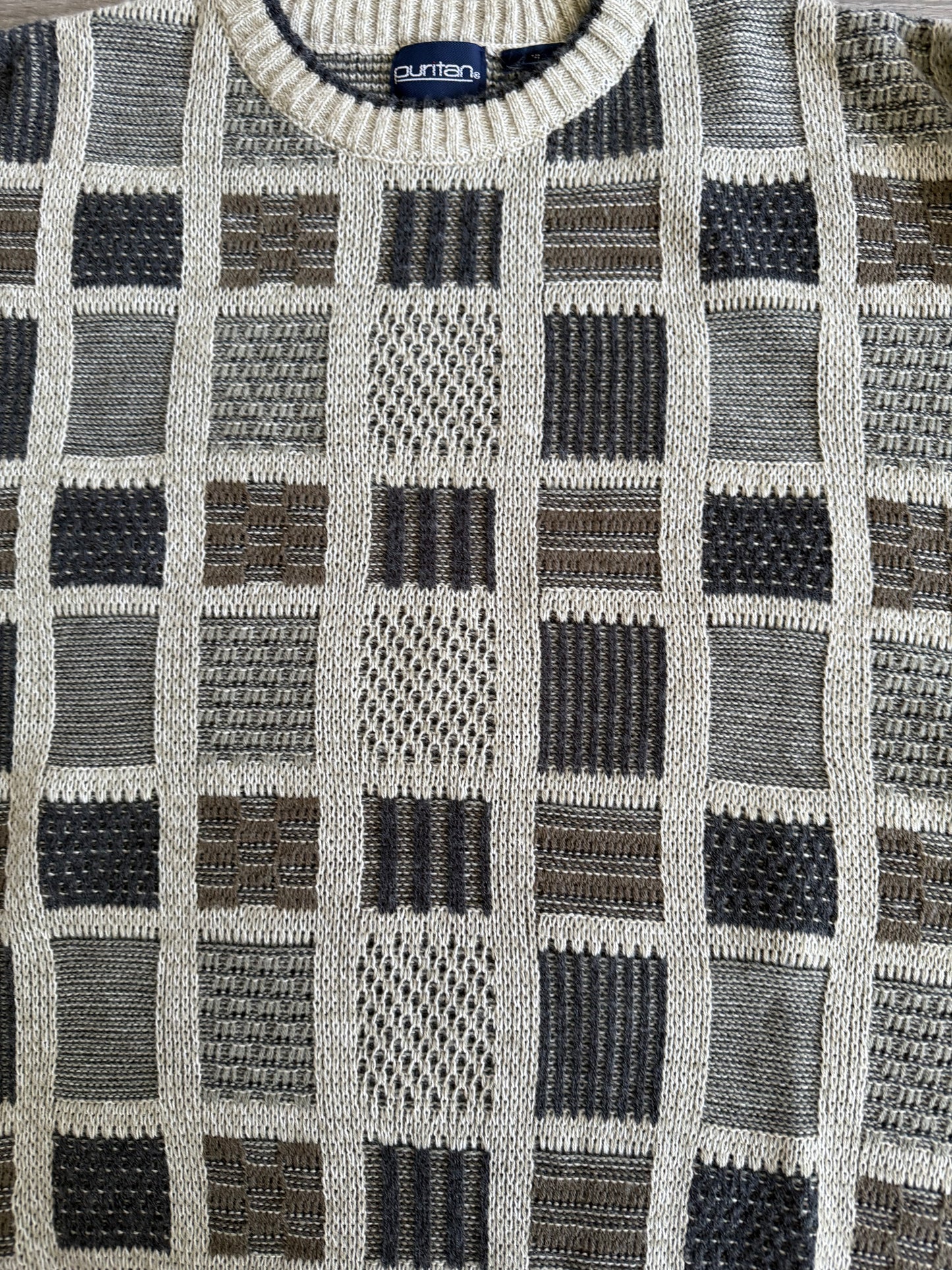Vintage Neutral Colors Checkered Knit Sweater- L