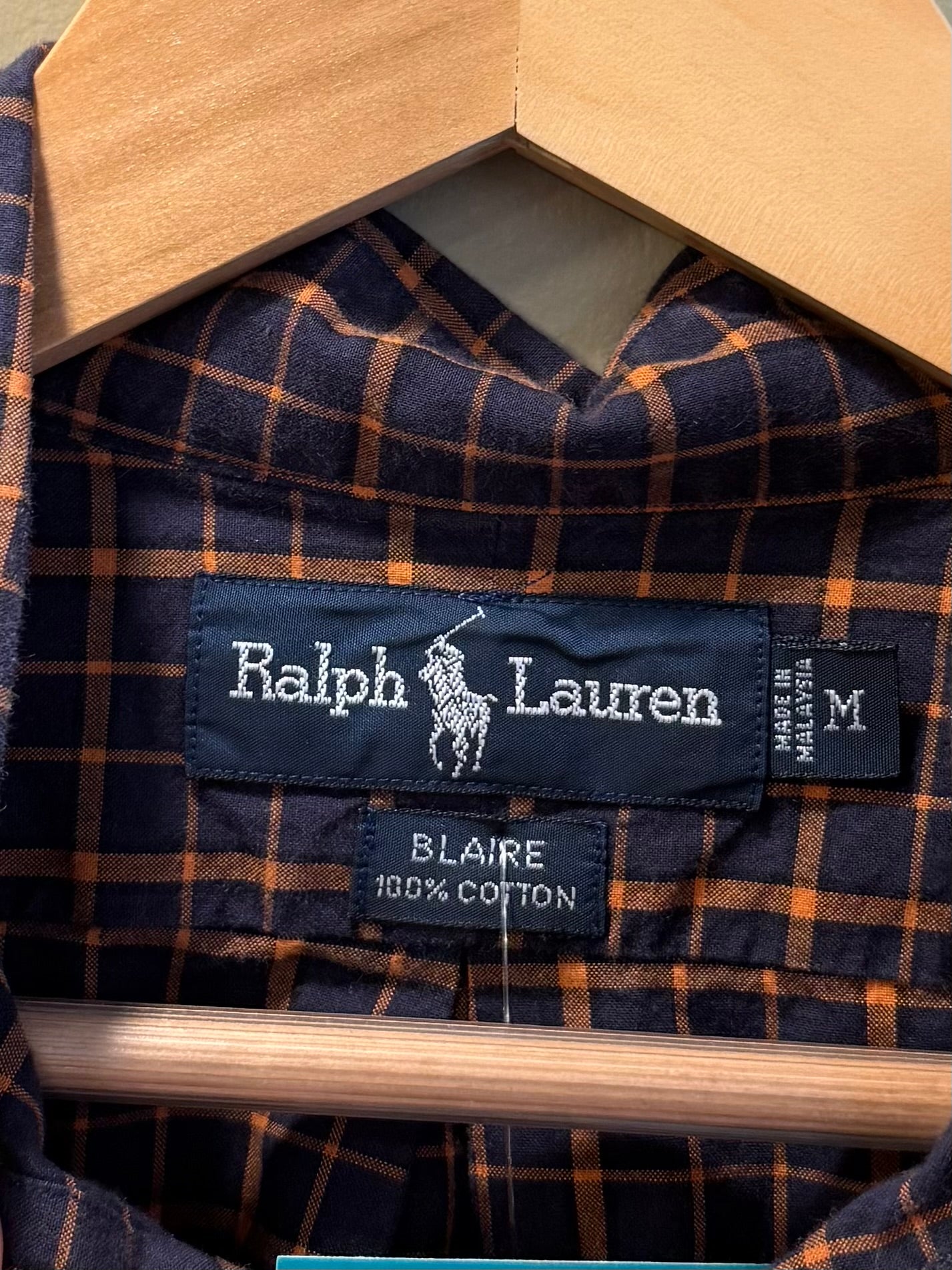 Vintage Polo Navy Blue & Orange Checkered Button-Up Shirt- M