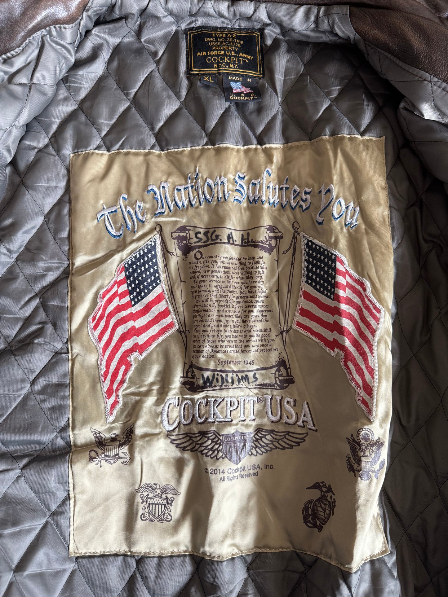 Cockpit NYC A-2 Air Force Army Lambskin Leather Jacket- XL