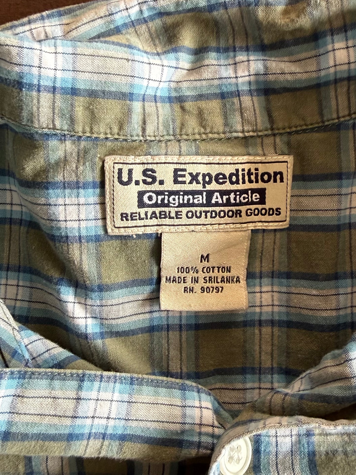 Vintage U.S. Expedition Checkered Green & Blue Button-Up Shirt- M
