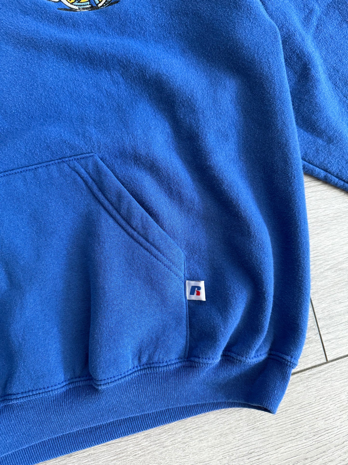 The Thrifting Tree Embroidered Blue Russell Athletic Hoodie Sweatshirt- Boxy M
