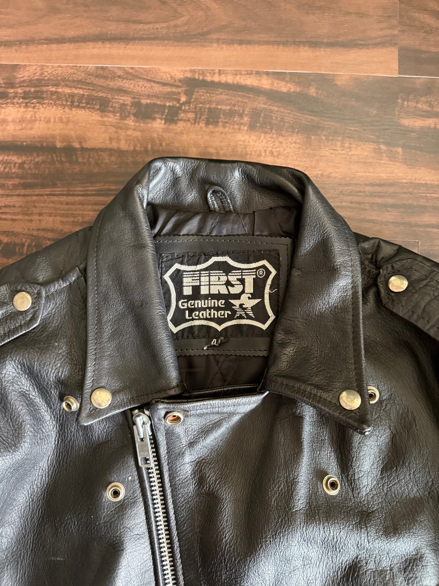 Vintage First Genuine Leather Biker Motorcycle Jacket- M