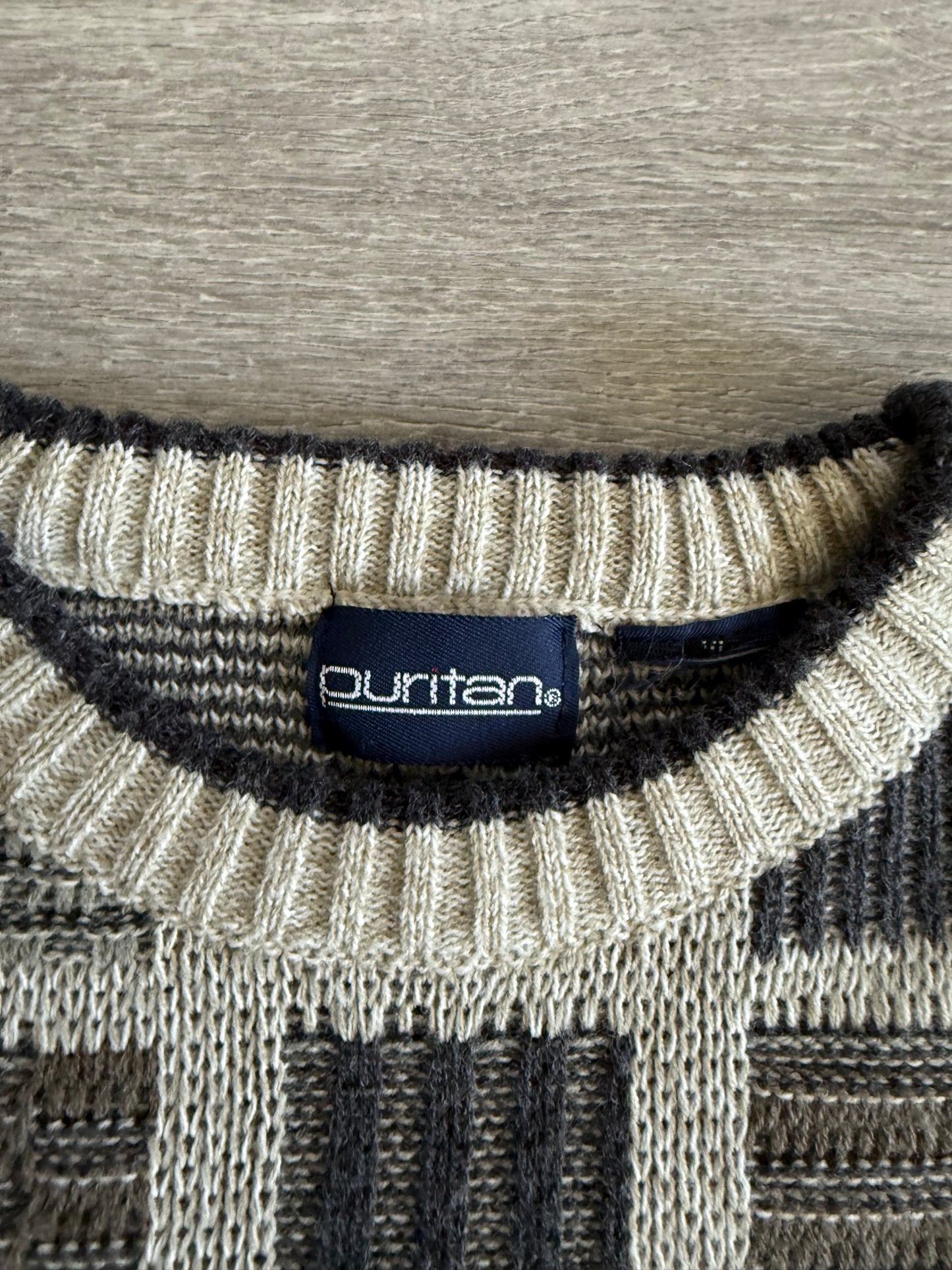 Vintage Neutral Colors Checkered Knit Sweater- L