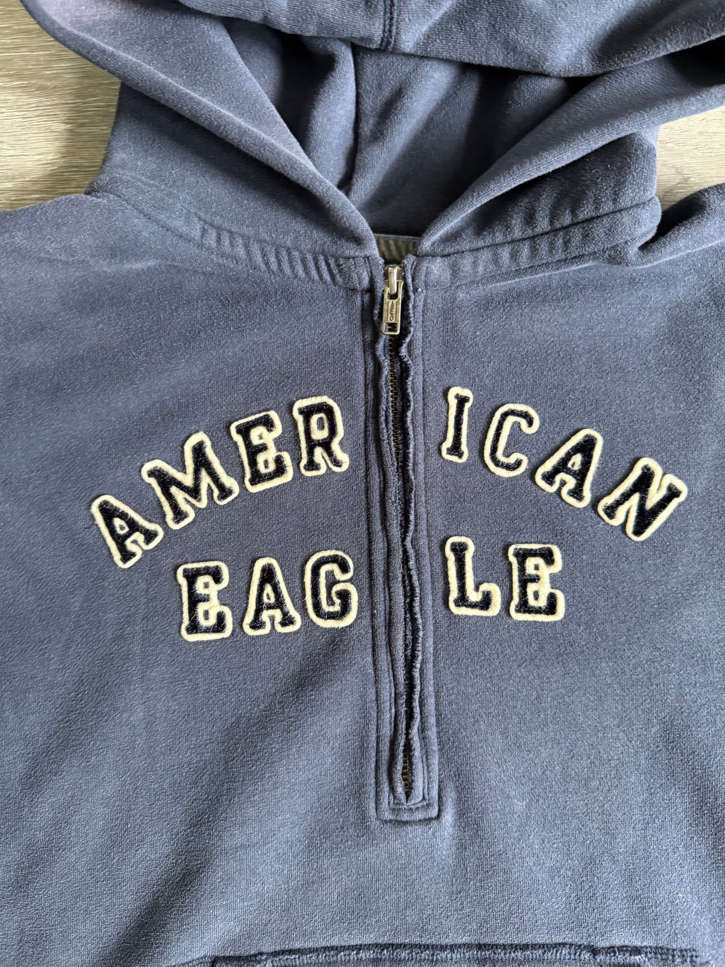 Vintage Y2K American Eagle Sun Faded Navy Blue Cropped Zip-Up Hoodie Sweatshirt- XL