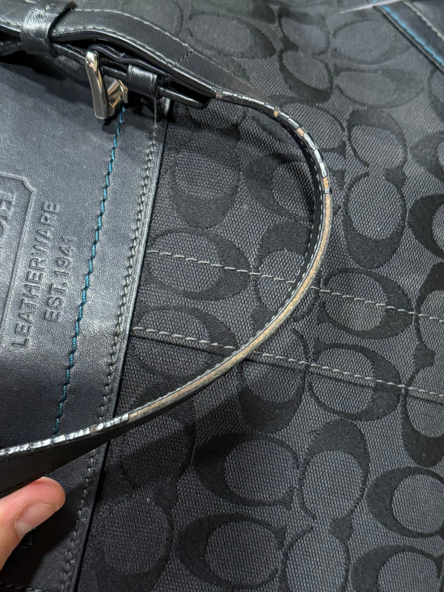 Vintage Coach F05M-8K49 Signature Gallery Black w/ Blue Trim Jacquard Tote Handbag