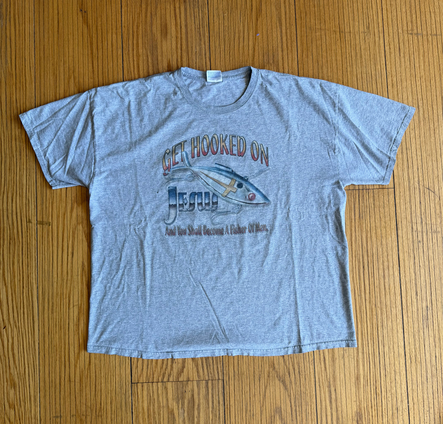 Vintage Hooked On Jesus Fishing Lure Gray T-Shirt- XXL