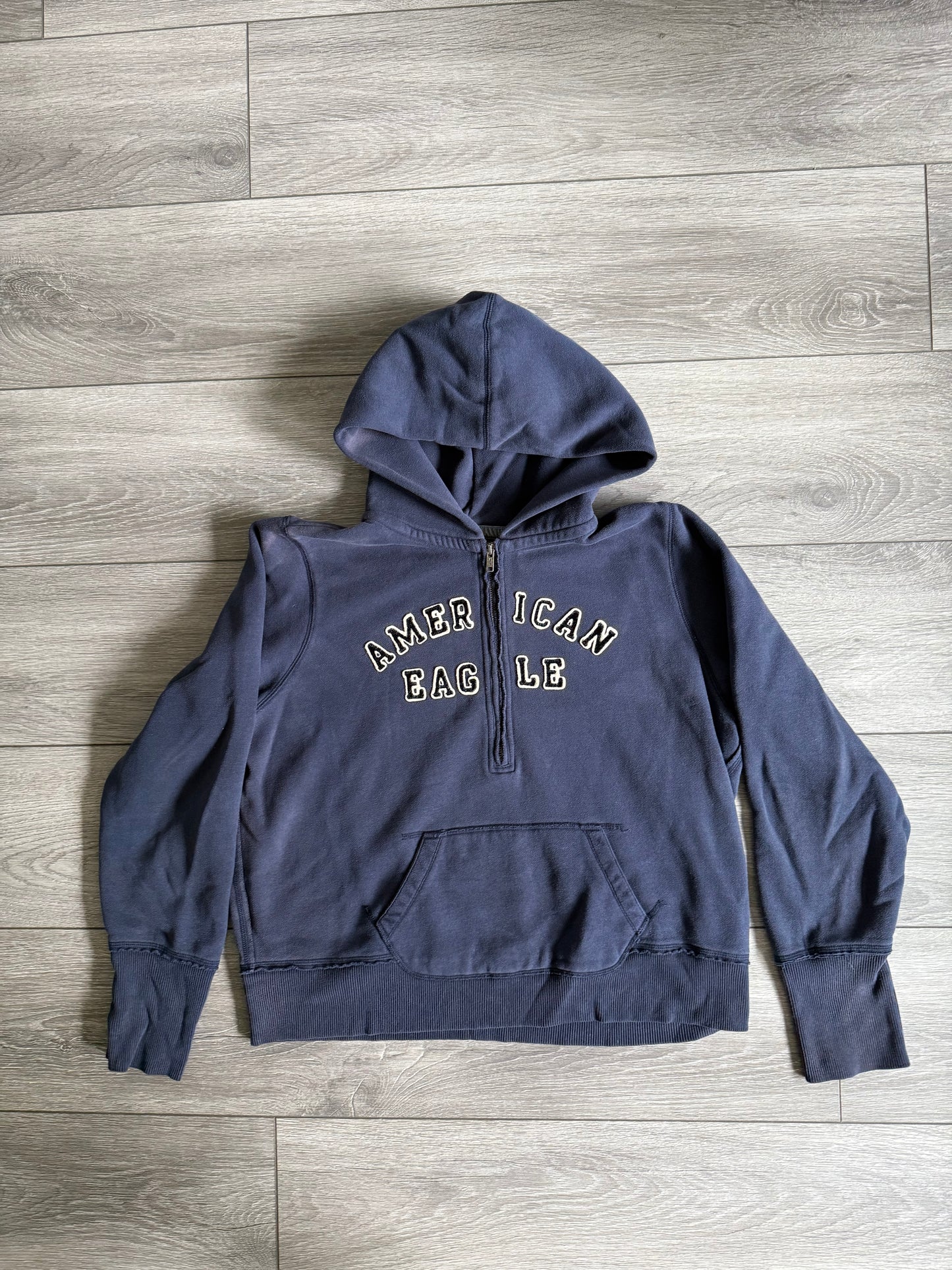 Vintage Y2K American Eagle Sun Faded Navy Blue Cropped Zip-Up Hoodie Sweatshirt- XL