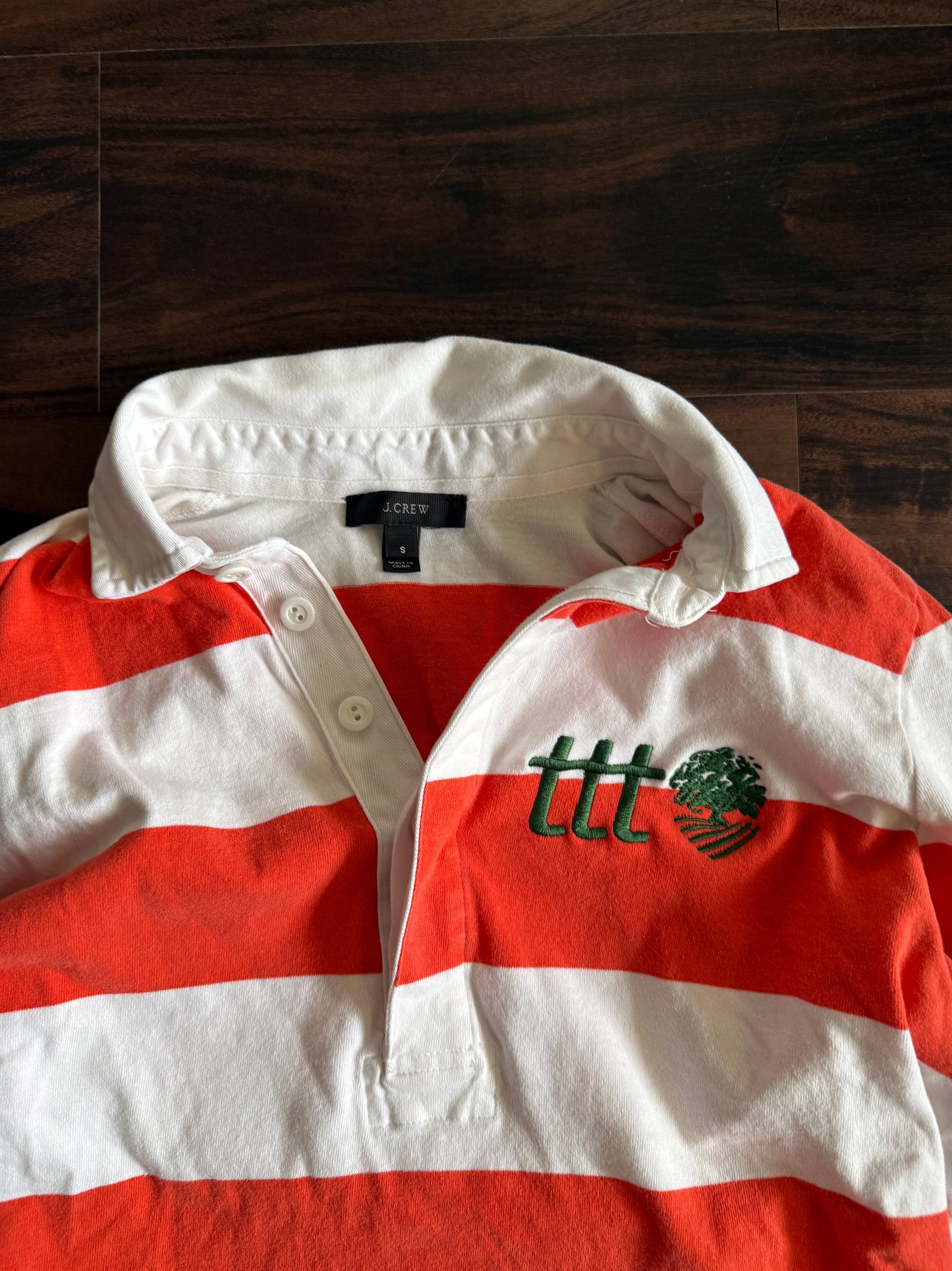 The Thrifting Tree Collared Orange Striped Rugby Long Sleeve Shirt- S