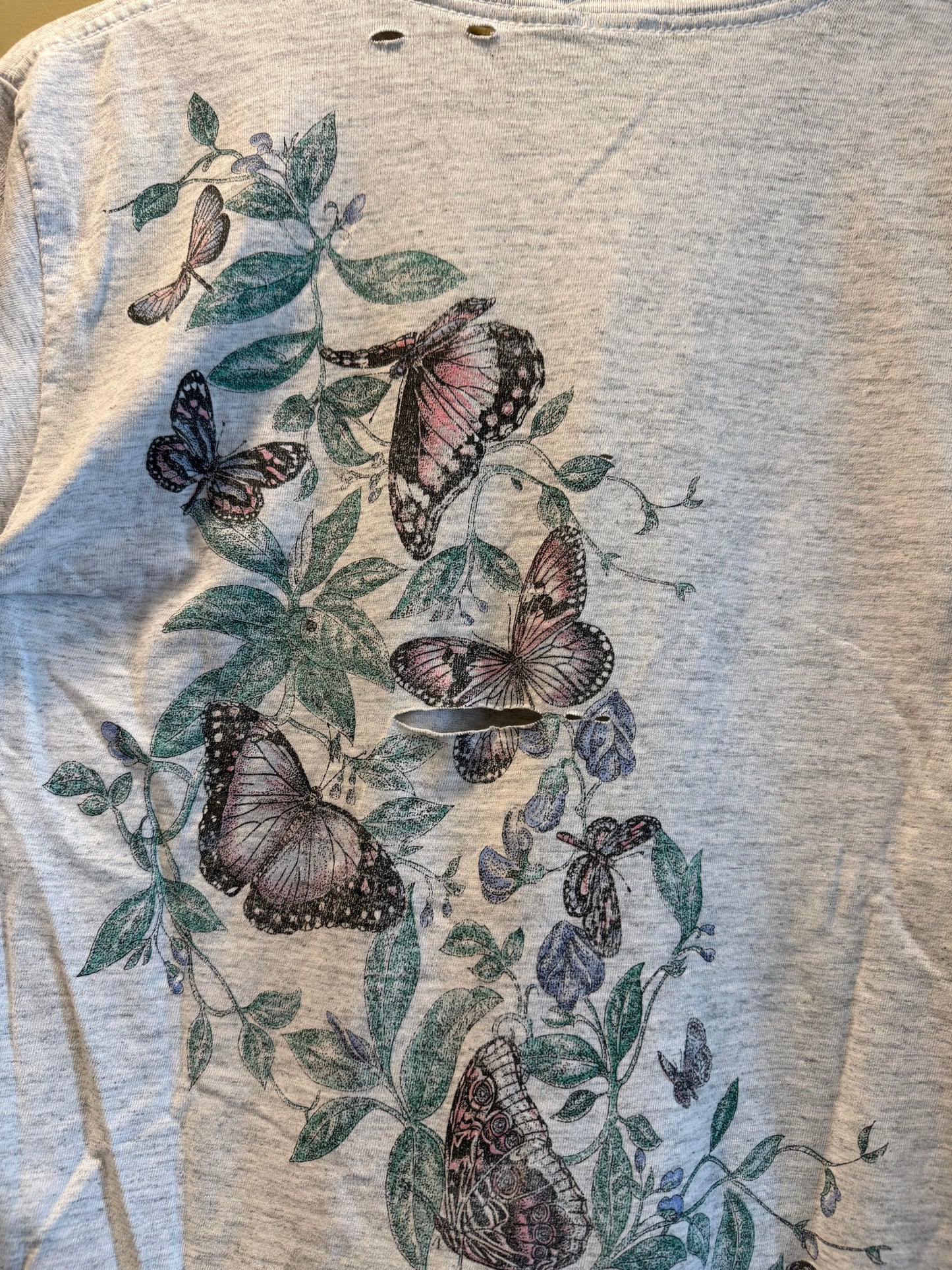 Vintage Butterflies Gray Distressed T-Shirt- M