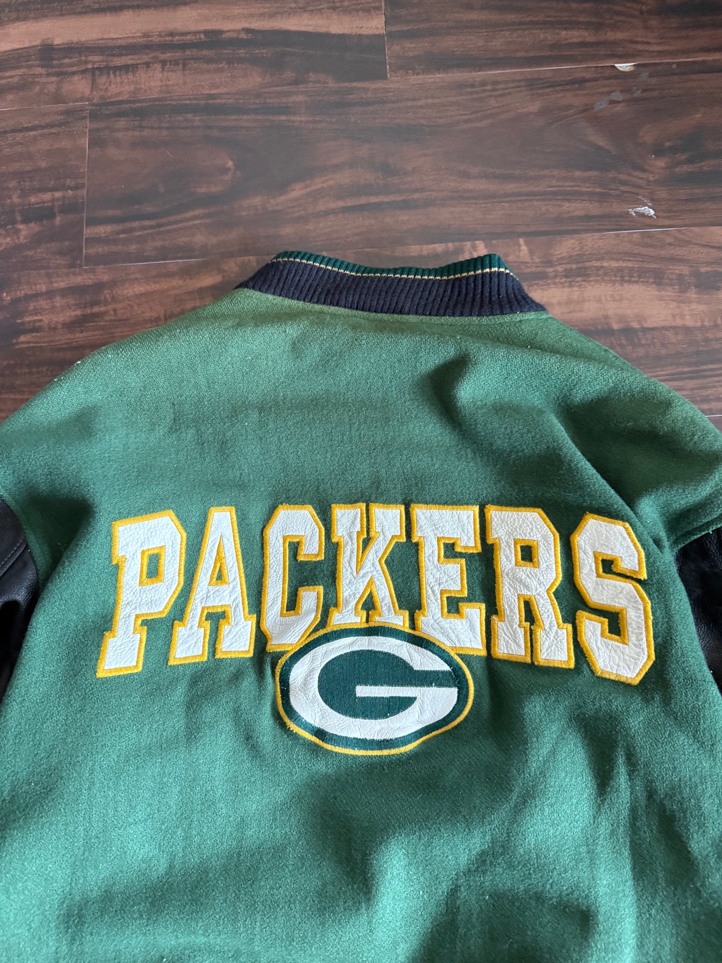 Vintage Green Bay Packers NFL Carl Banks Leather & Wool Varsity Jacket- L