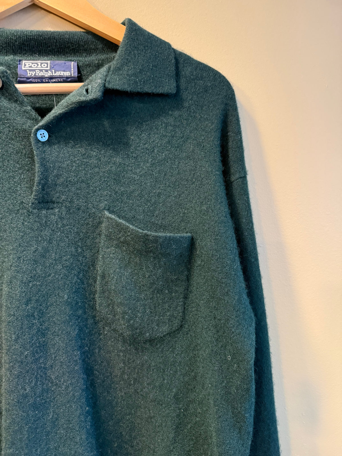 Vintage Polo Ralph Lauren Forest Green Cashmere Button-Up Collared Sweater- L