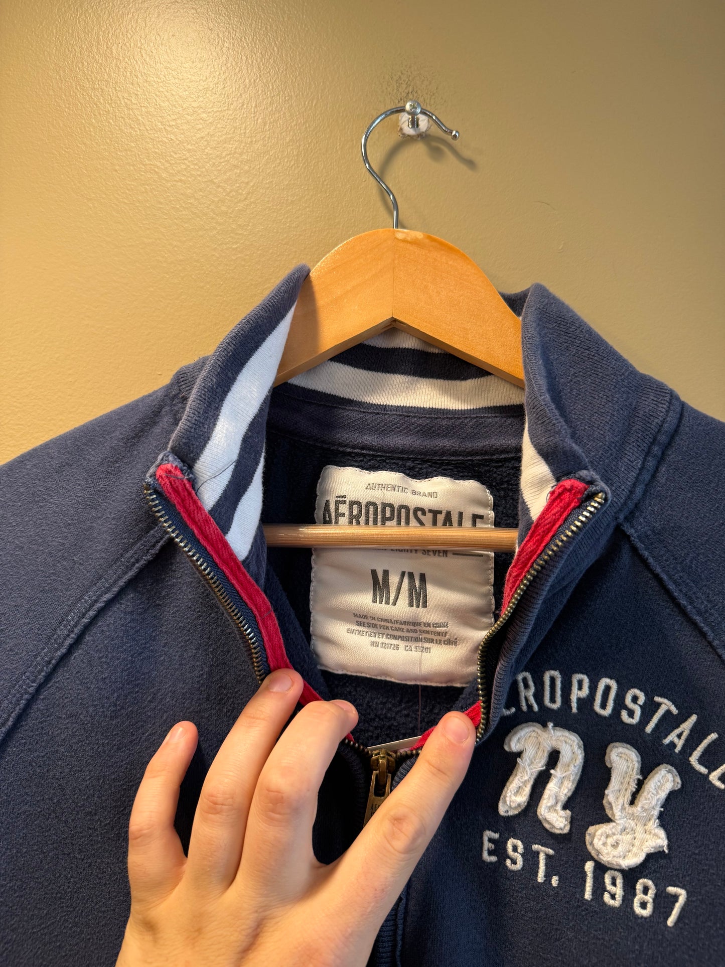 Vintage Aeropostale Navy Blue Embroidered Collared Zip-Up Sweatshirt- M