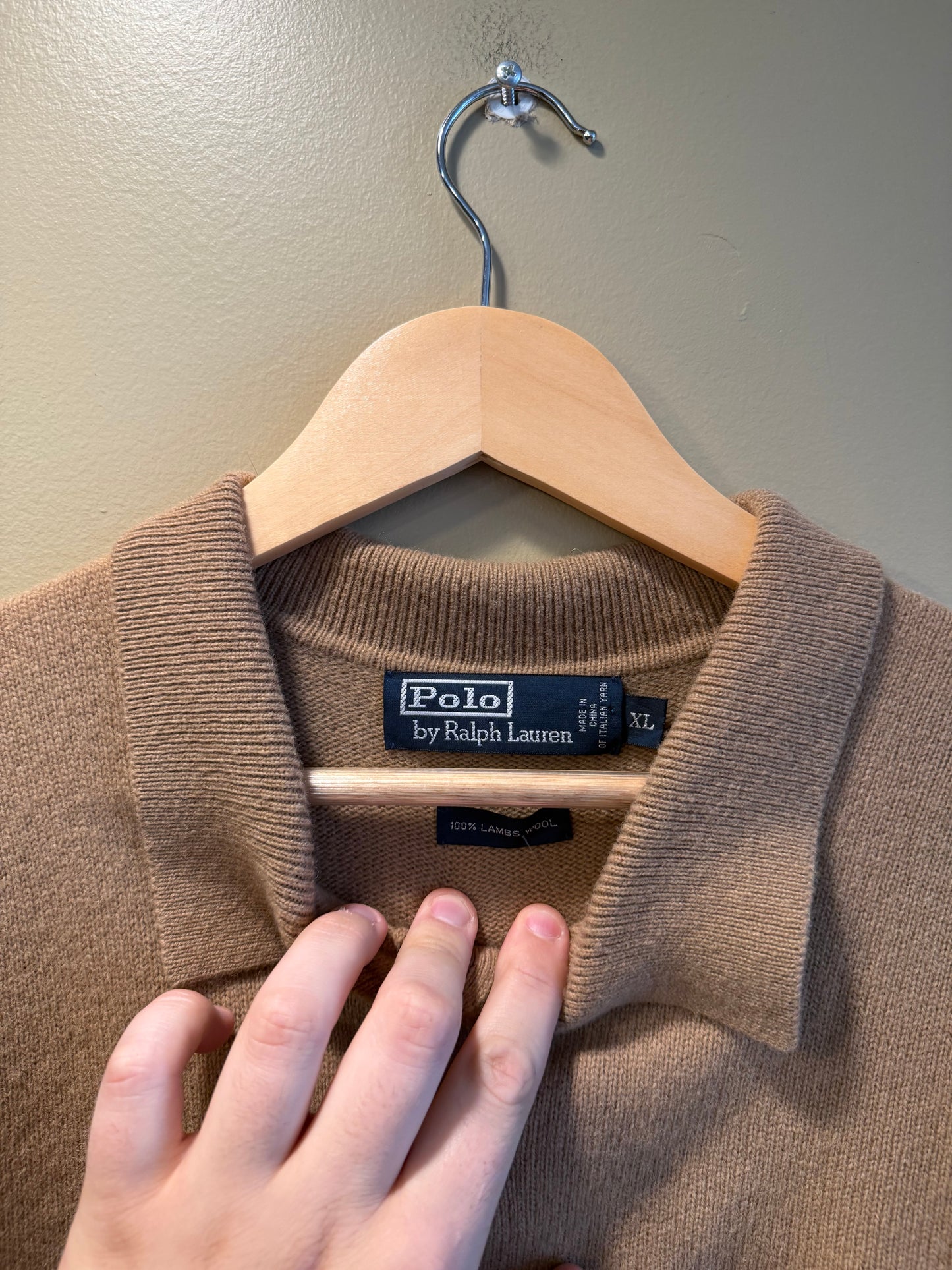 Vintage Polo Ralph Lauren Tan Lambswool Button-Up Collared Sweater- XL
