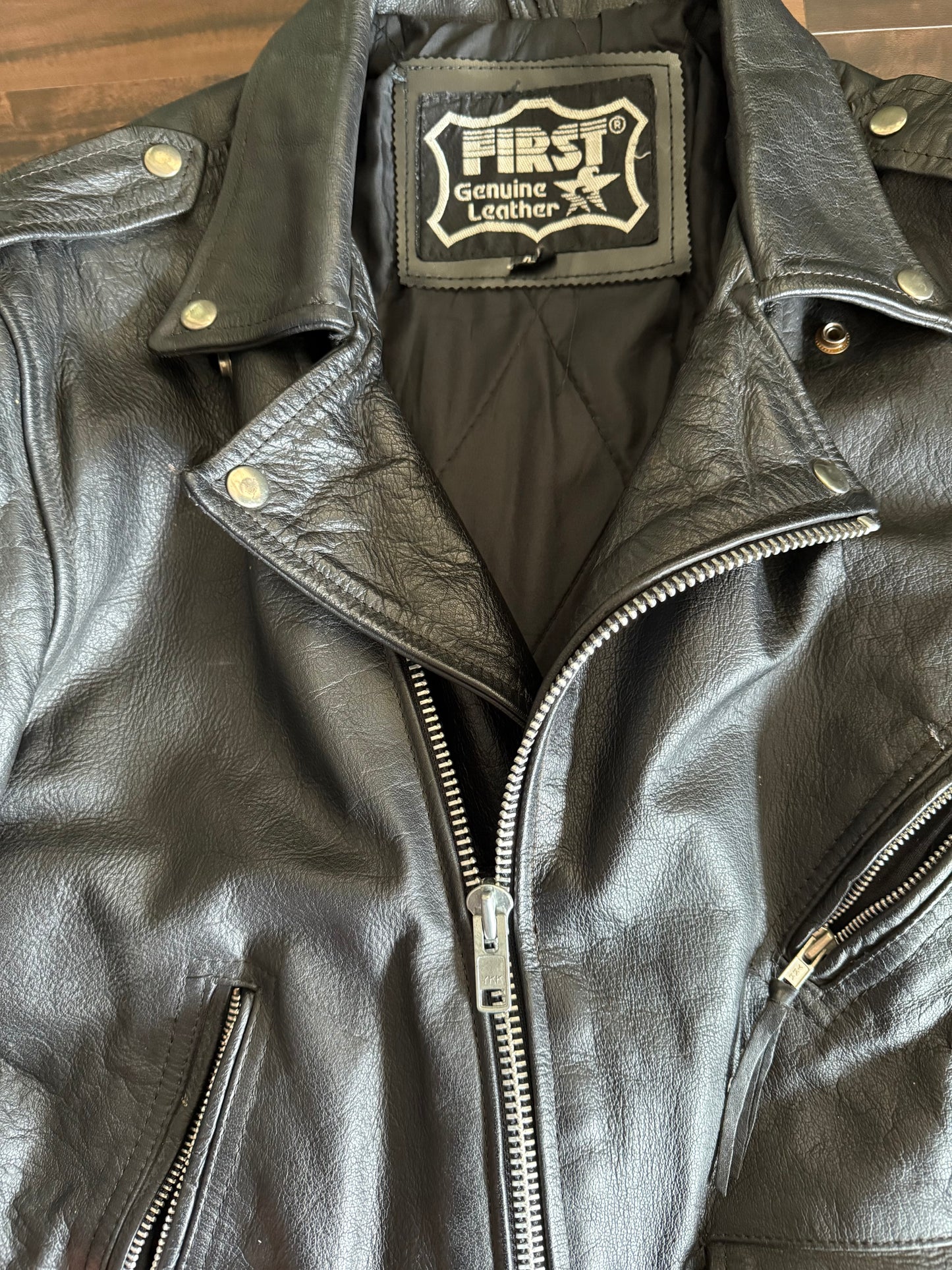 Vintage First Genuine Leather Biker Motorcycle Jacket- M