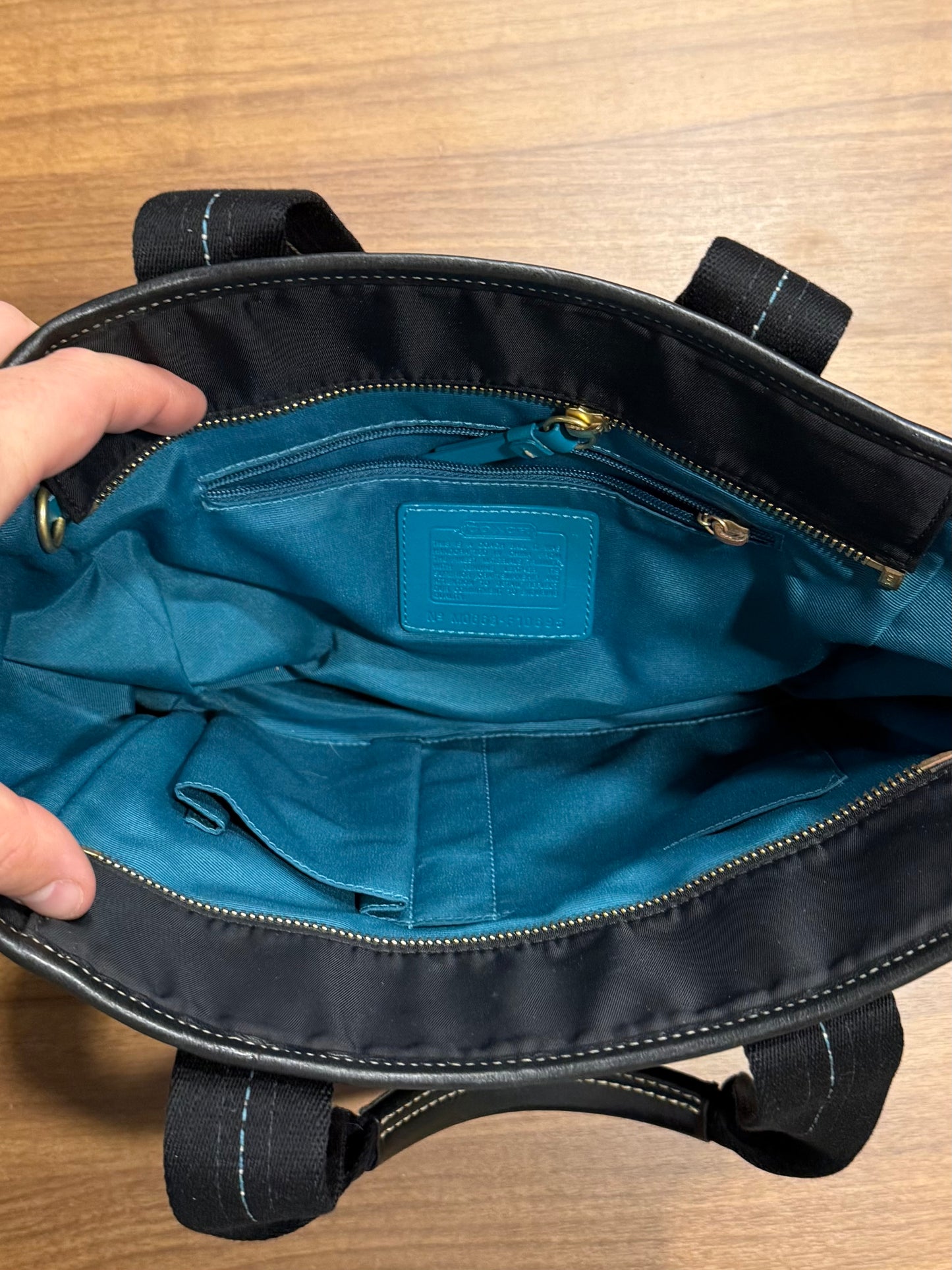 Vintage Coach Hampton Nylon Tote Purse Bag Black Teal L0668-F10695