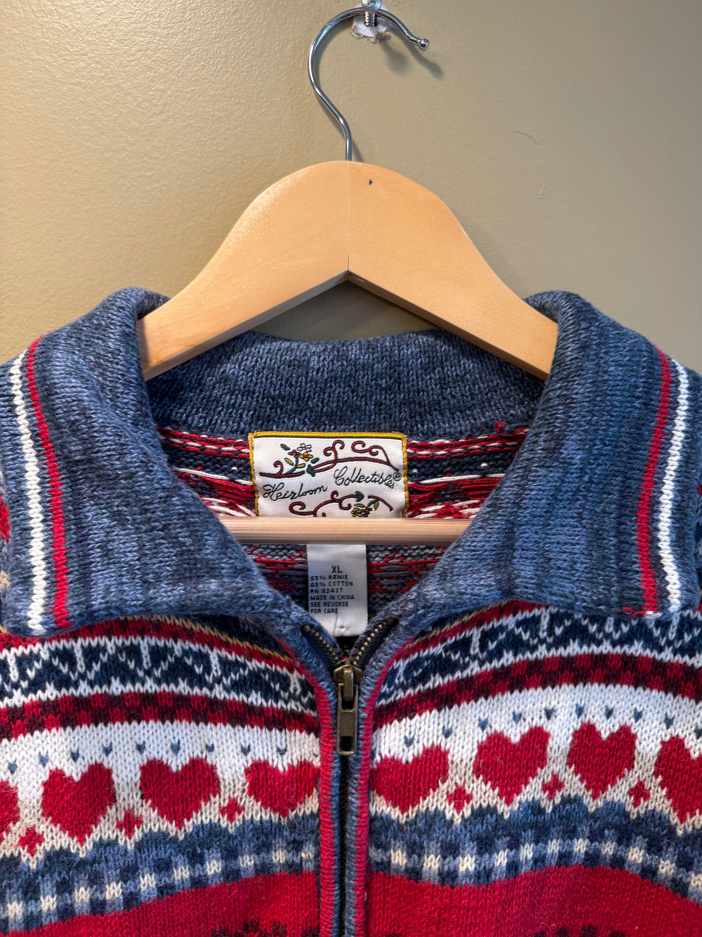 Vintage Heirloom Collectibles Zip-Up Hearts Striped Sweater- XL