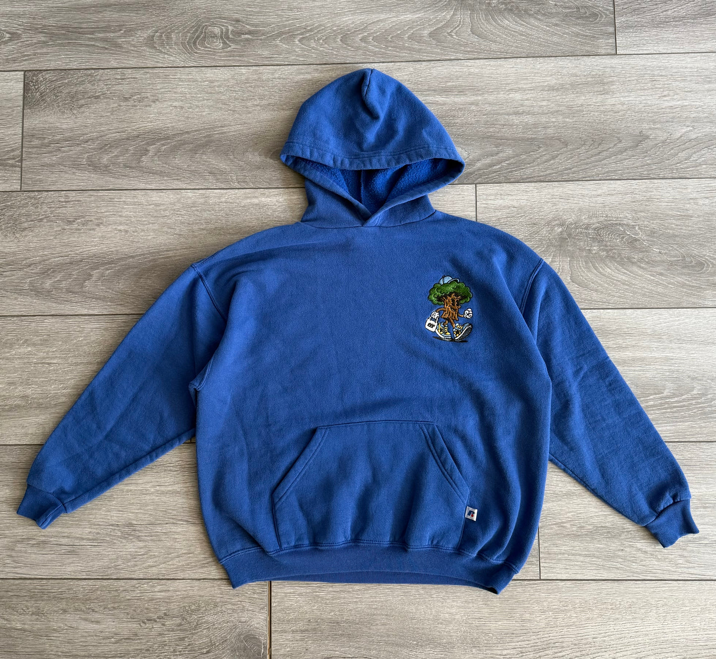 The Thrifting Tree Embroidered Blue Russell Athletic Hoodie Sweatshirt- Boxy M