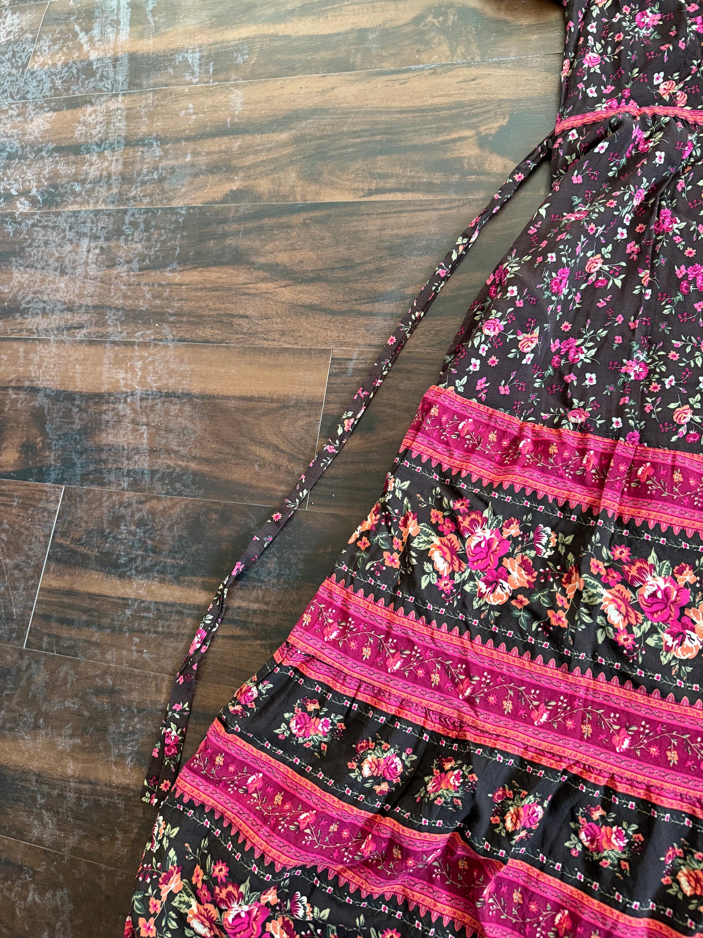 Vintage Floral Striped Full Length Dress- S