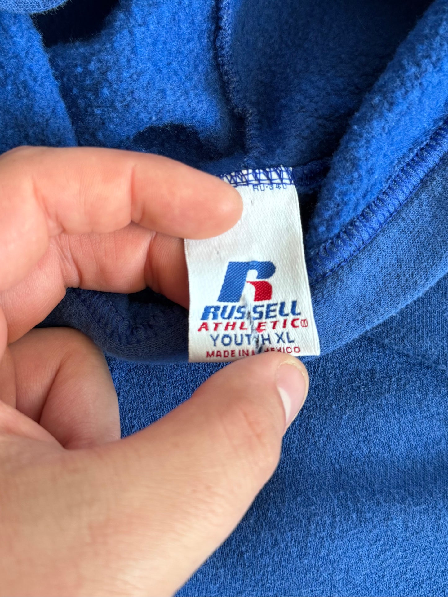 The Thrifting Tree Embroidered Blue Russell Athletic Hoodie Sweatshirt- Boxy M