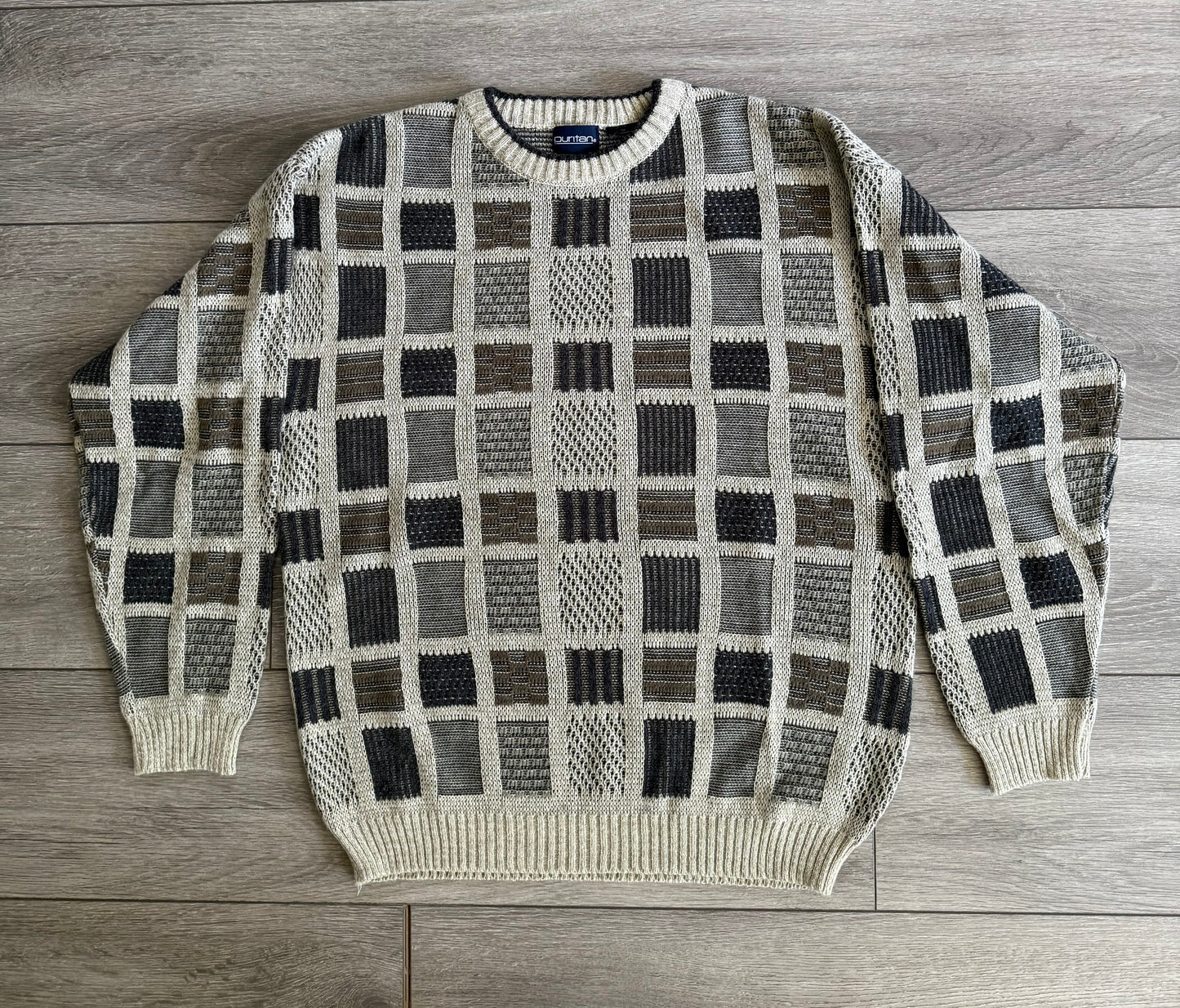 Vintage Neutral Colors Checkered Knit Sweater- L