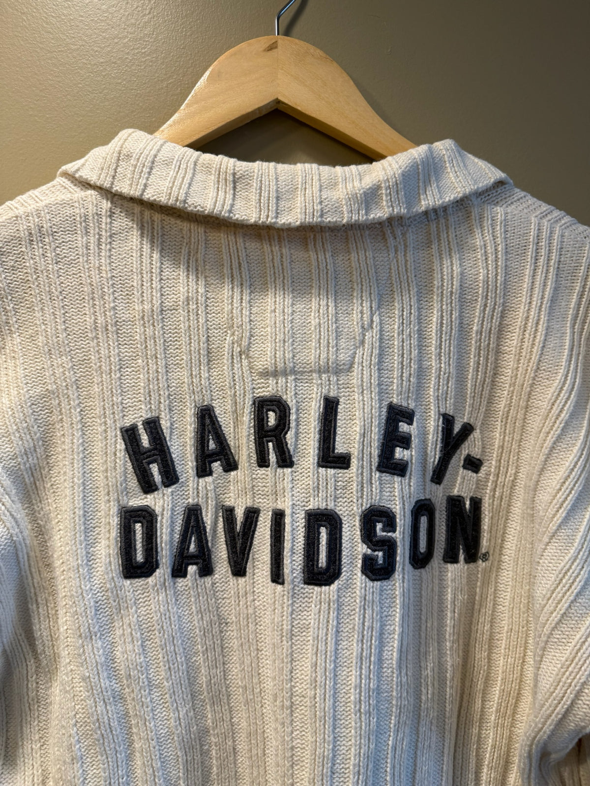 Vintage Harley Davidson Button Up White Knit Collared Sweater - M