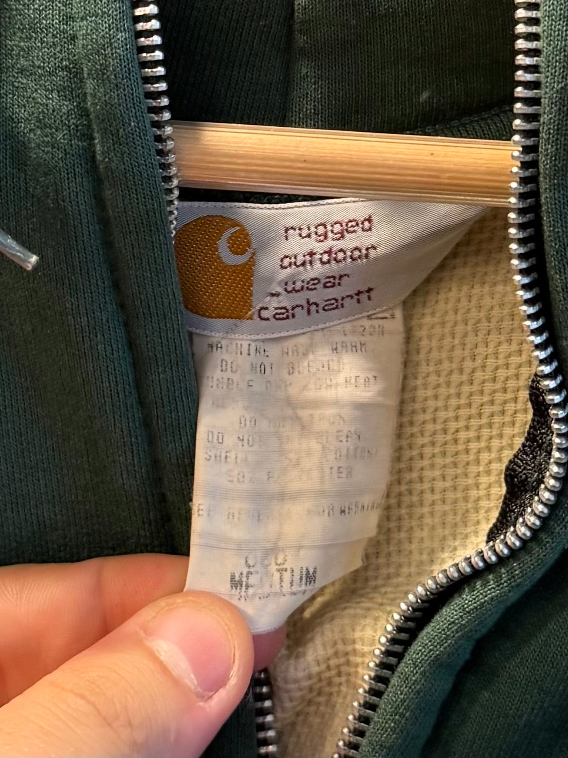 Vintage Carhartt Green Thermal-Lined Zip-Up Hoodie Sweatshirt- M