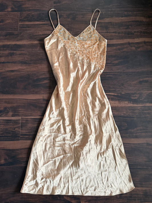 Vintage Gold Floral Slip Lingerie Dress- M