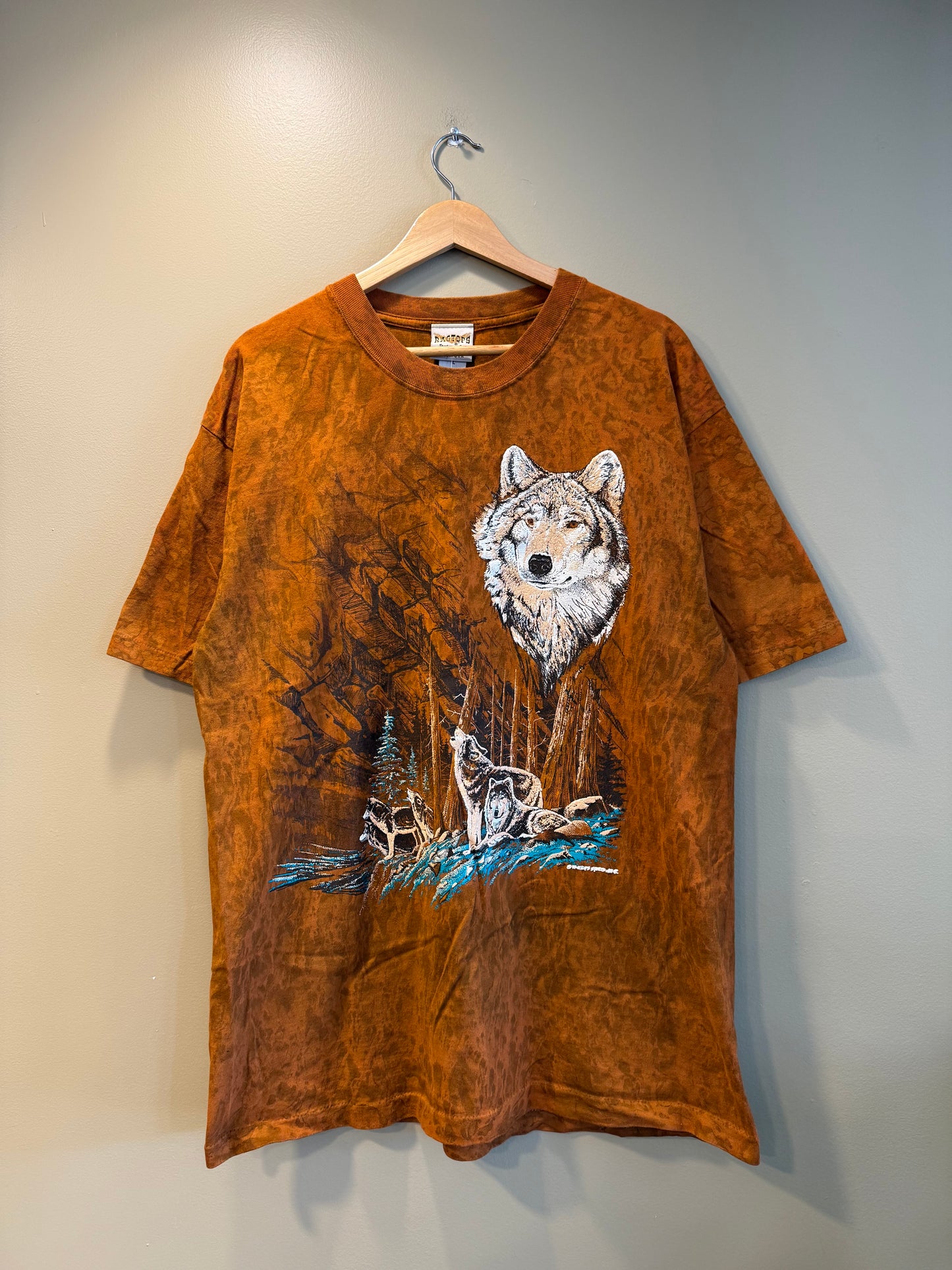 Vintage Wolf Mountain Nature Orange Tie Dye T-Shirt- L