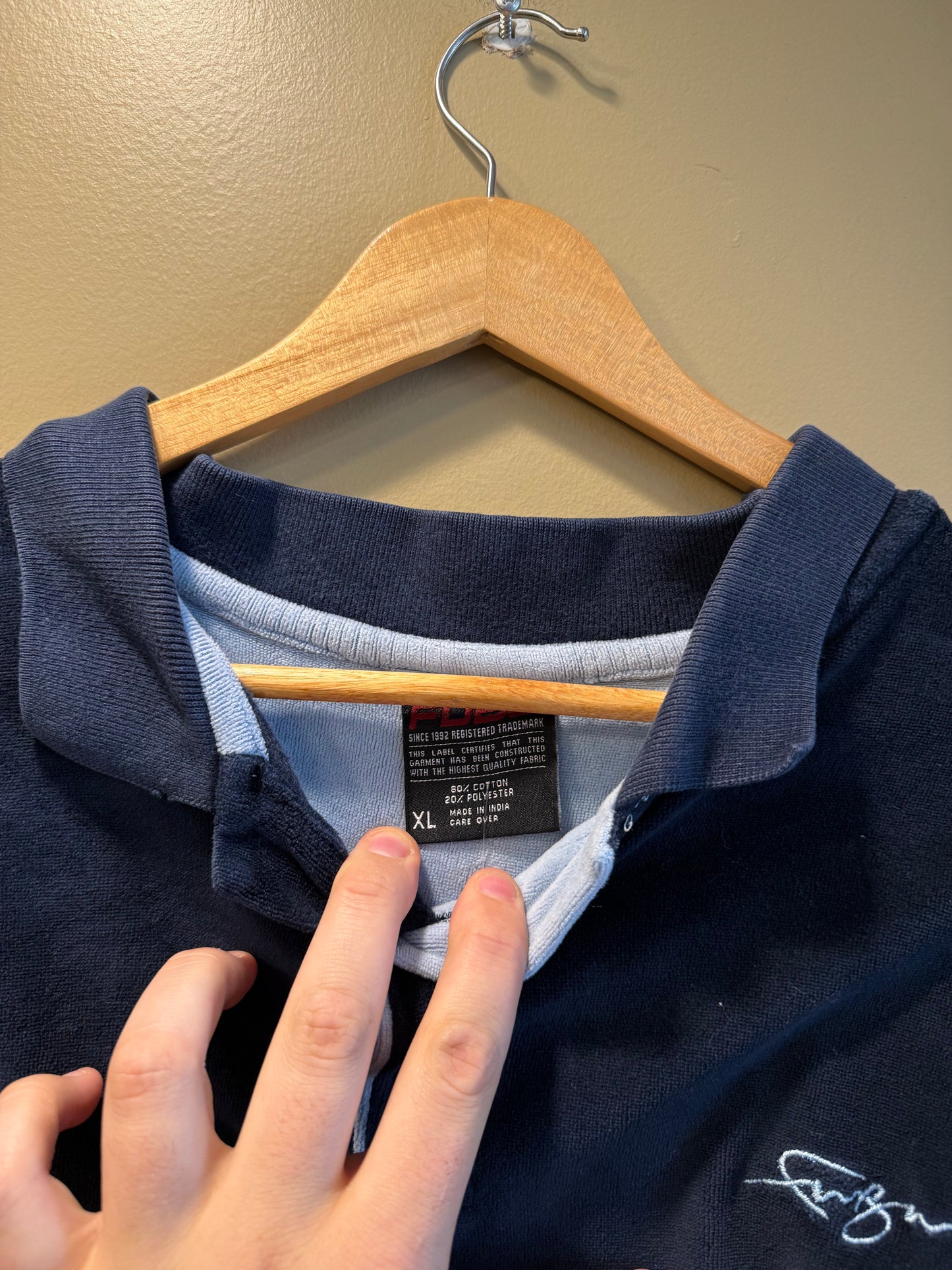Vintage Fubu Velour Long Sleeve Navy Blue Polo Shirt- XL