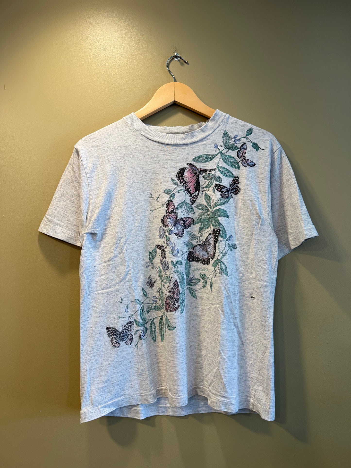 Vintage Butterflies Gray Distressed T-Shirt- M