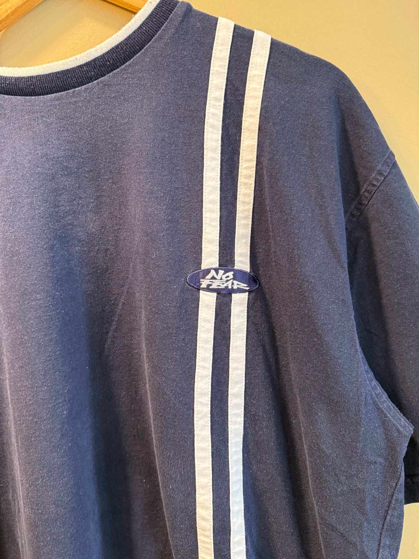 Vintage No Fear Striped Navy Blue T-Shirt- XL