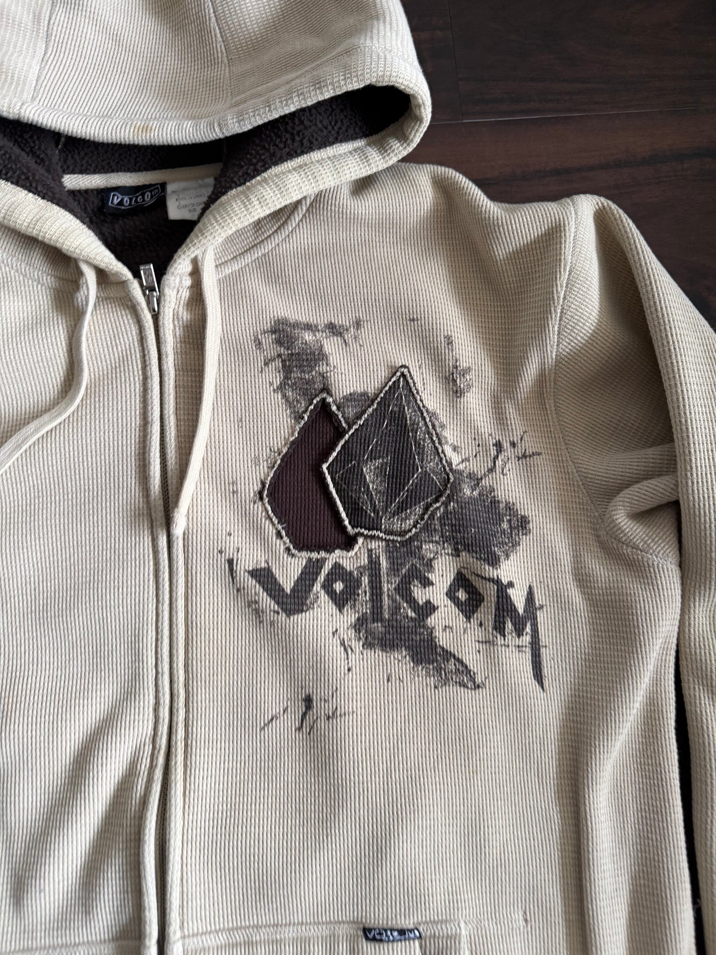 Vintage Y2K Volcom Nuetral Tone Waffle Knit Zip-Up Hoodie Sweatshirt- XL
