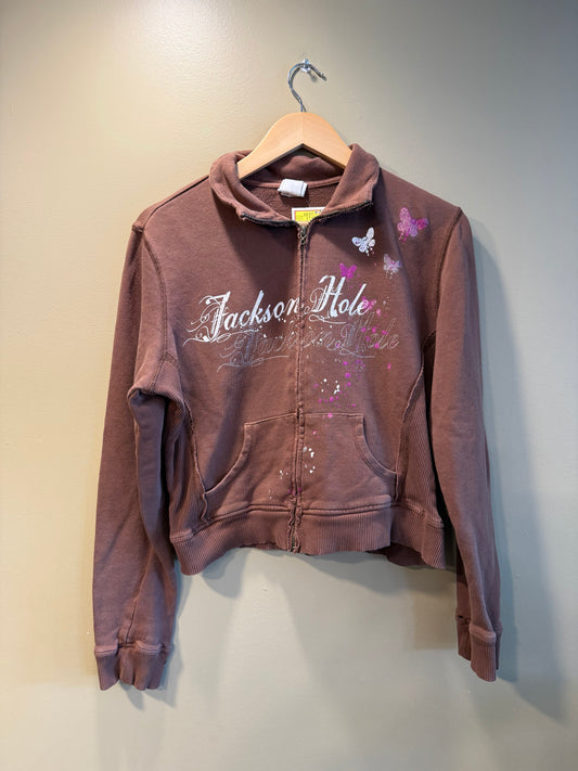 Vintage Y2K Women’s Jackson Hole Brown Zip-Up Sweatshirt- L
