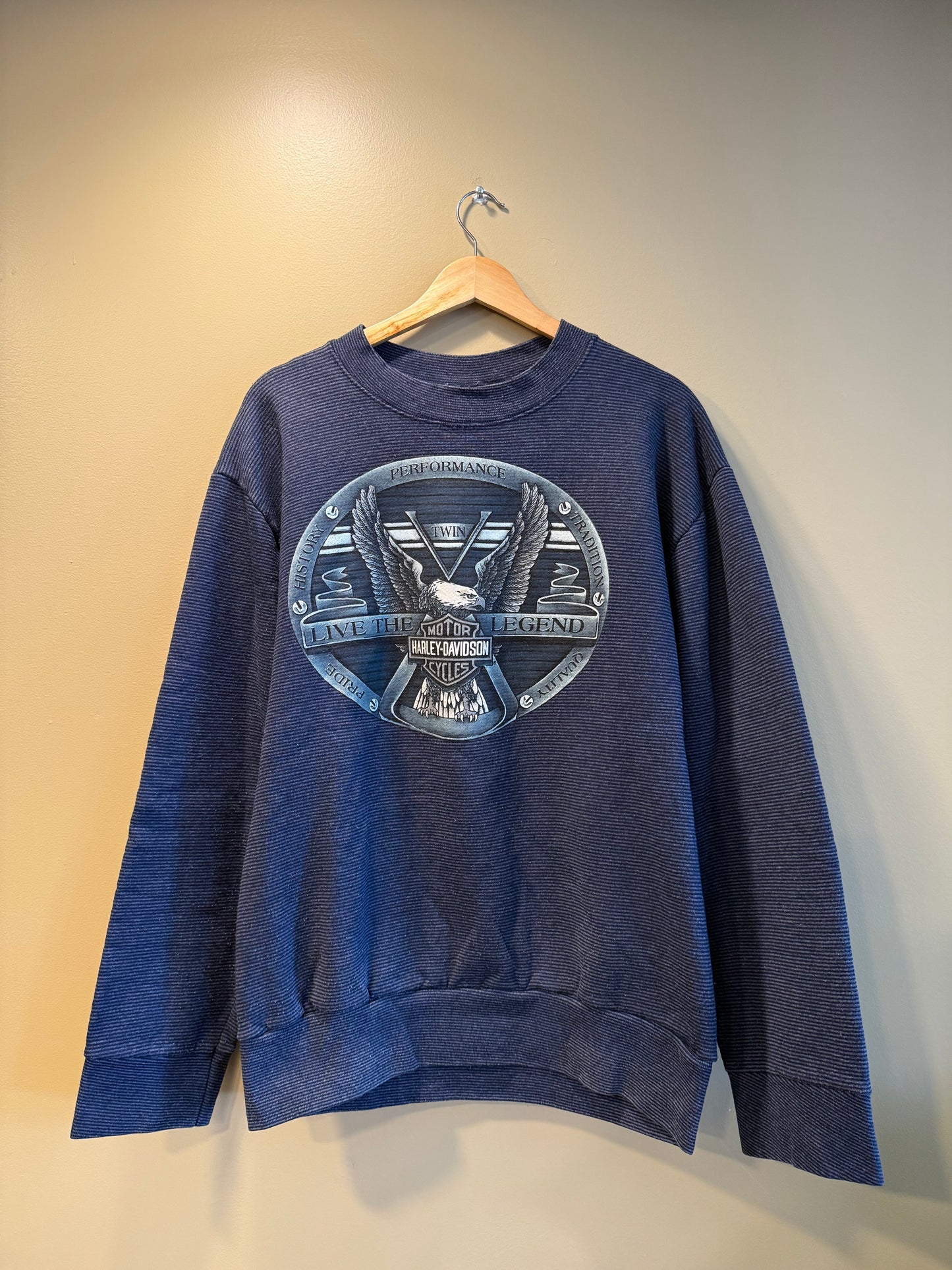 Vintage Harley Davidson Blue Striped Boxy Crewneck Sweatshirt- L