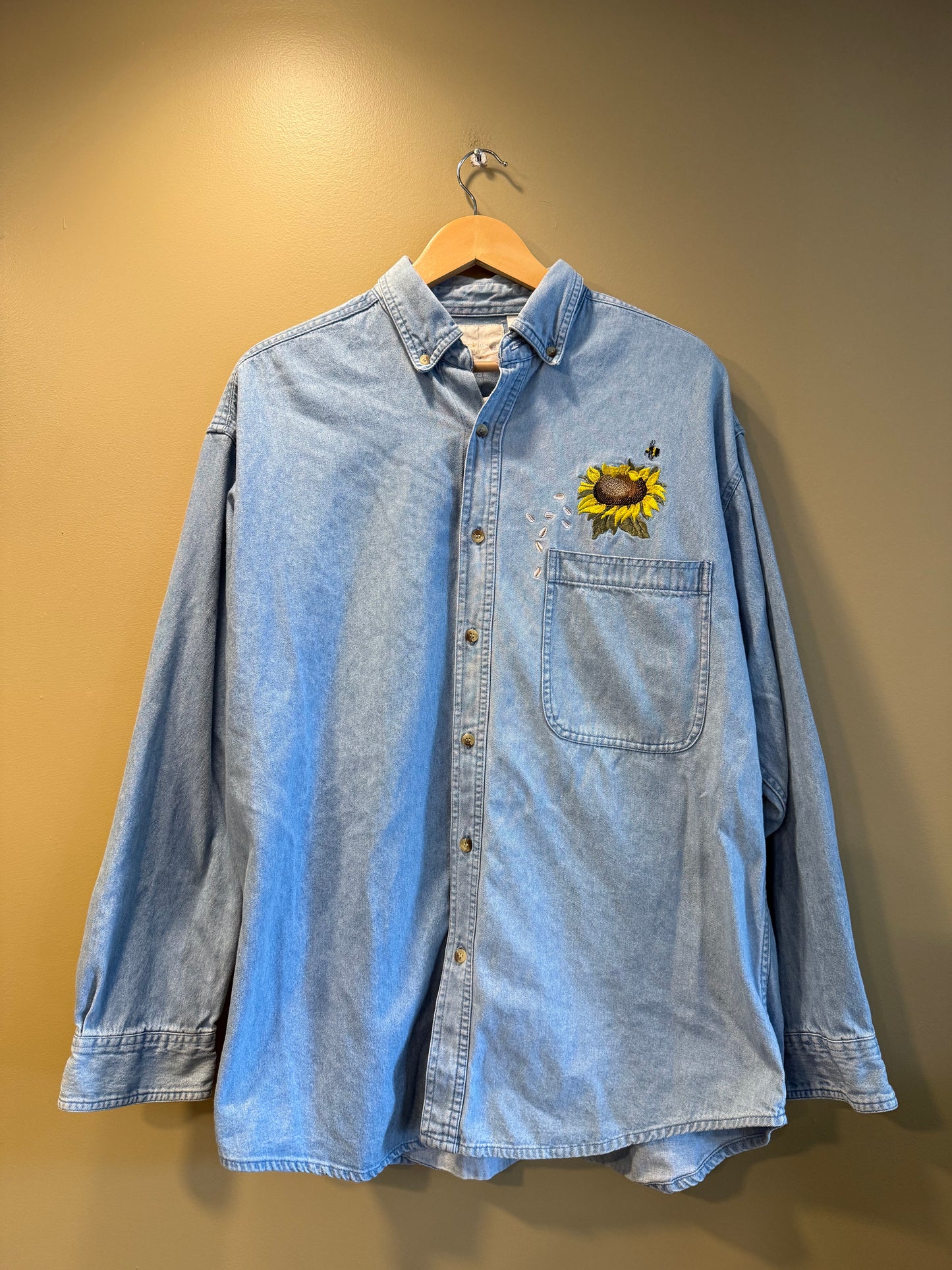 Vintage Sunflower & Bees Denim Button-Up Shirt- L