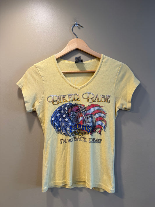 Vintage Biker Babe Yellow Sturgis Baby Tee T-Shirt- S