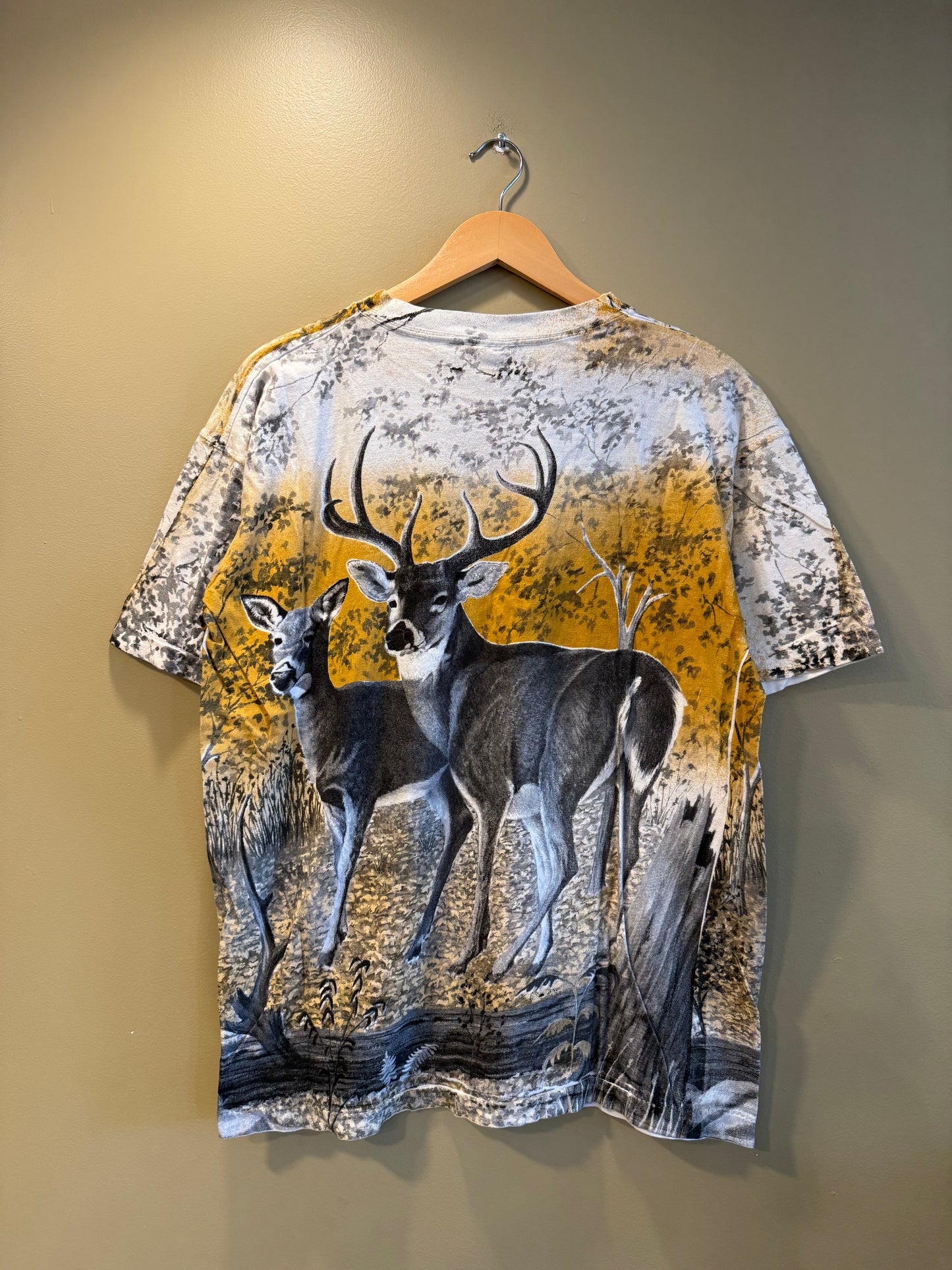 Vintage White Tail Deer All Over Print T-Shirt- XL