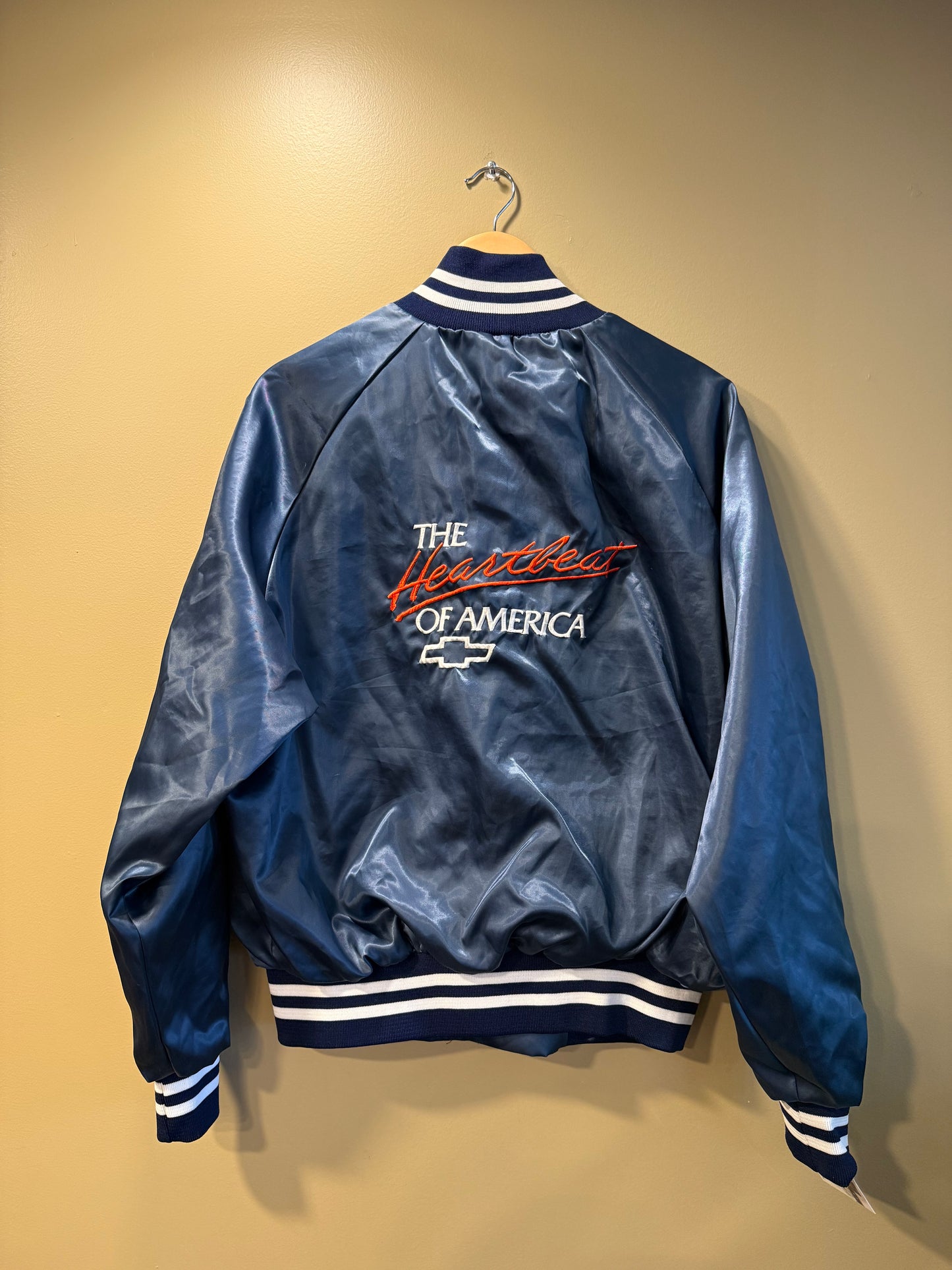 Vintage Chevrolet The Heartbeat of America Navy Blue Satin Jacket- XL