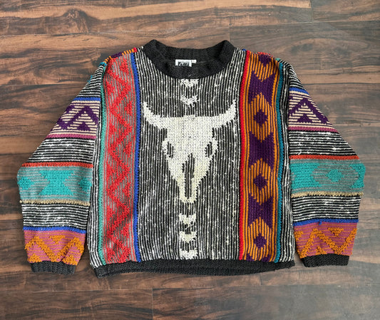 Vintage Bull Skull Western Colorful Sweater- L