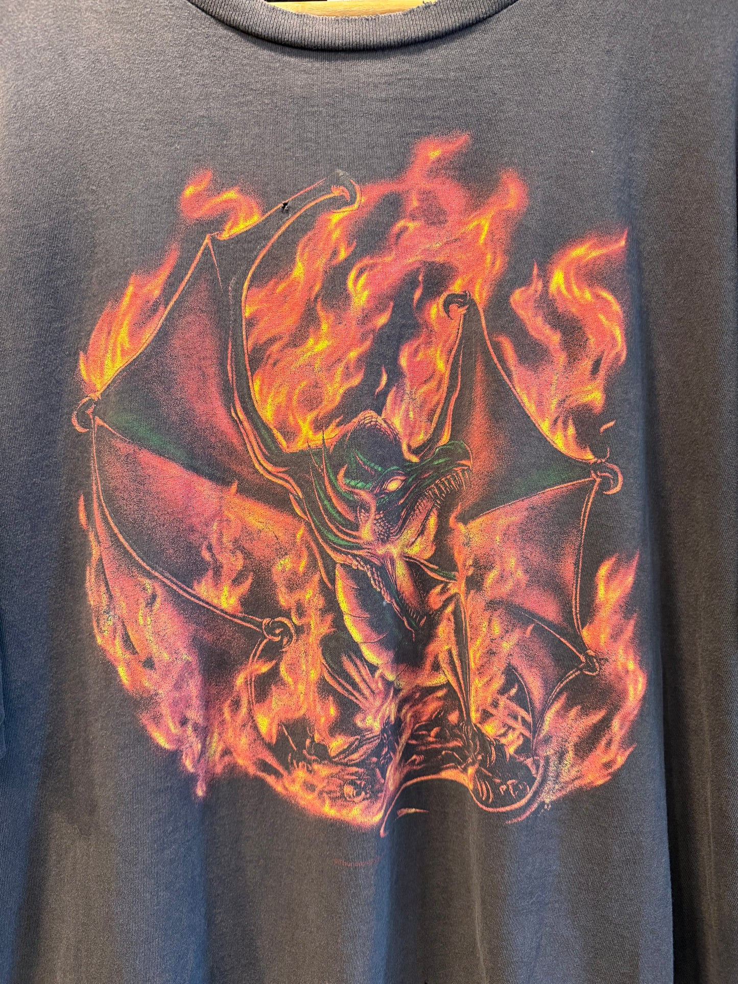 Vintage Y2K Fire Dragon Black T-Shirt- XL