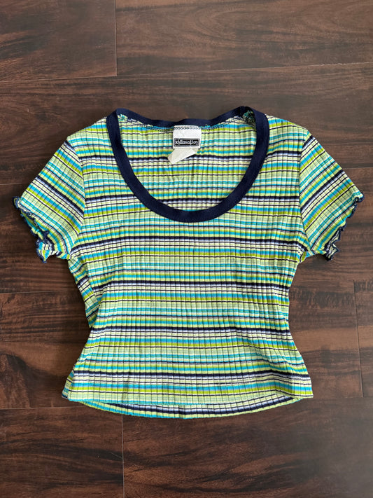 Vintage Xhiliration Ribbed Striped Green Baby Tee- S
