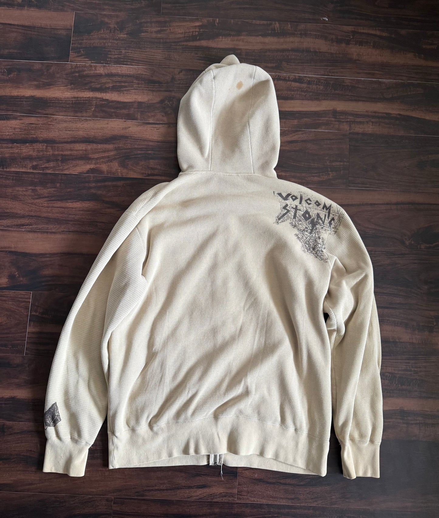 Vintage Y2K Volcom Nuetral Tone Waffle Knit Zip-Up Hoodie Sweatshirt- XL