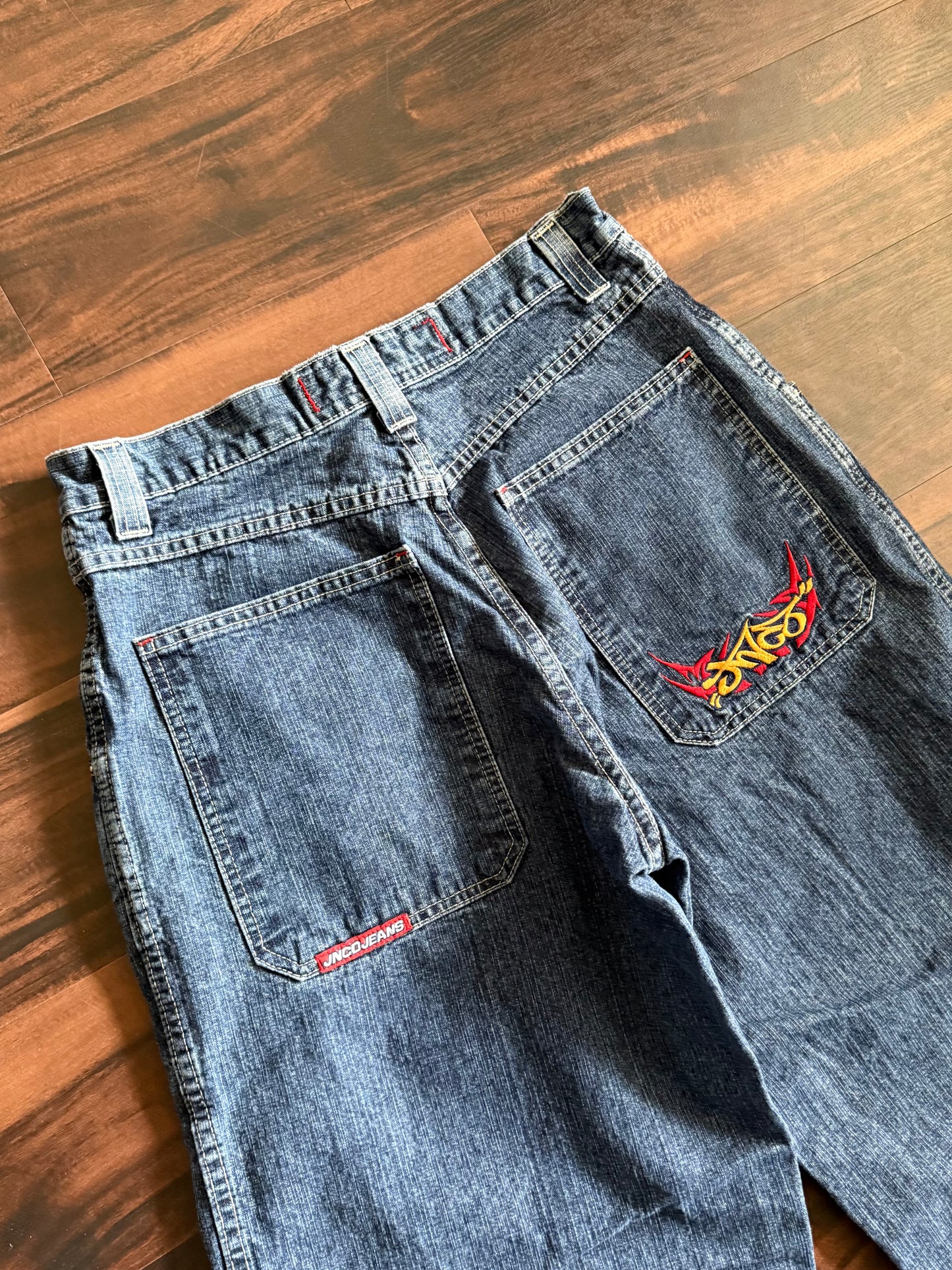 Vintage Y2K JNCO Dark Wash Embroidered Tribal Denim Blue Jeans- 32x33