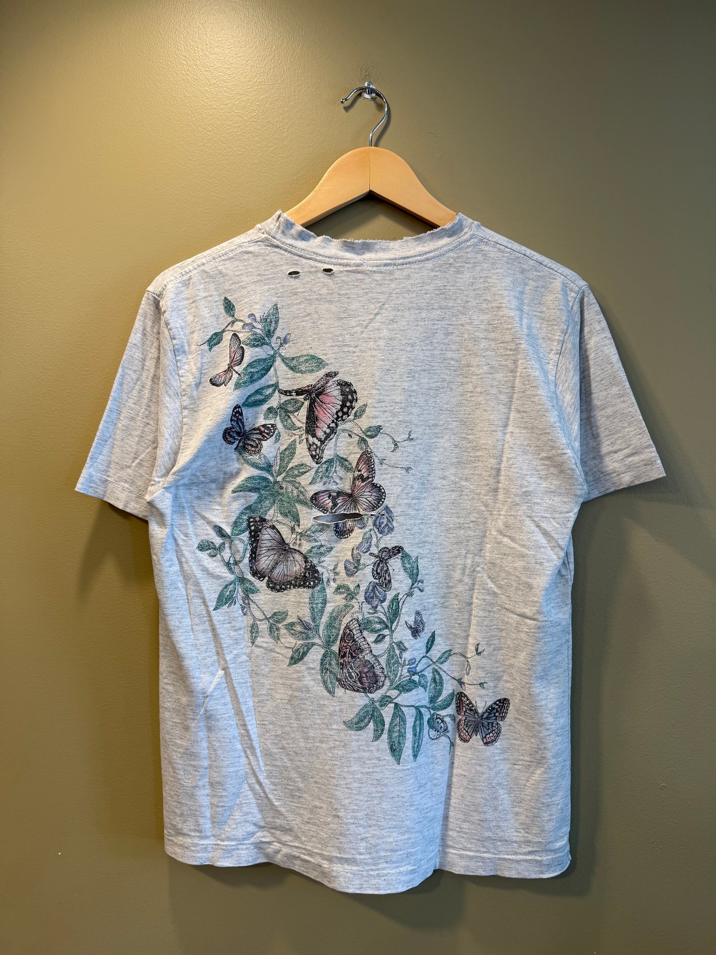 Vintage Butterflies Gray Distressed T-Shirt- M