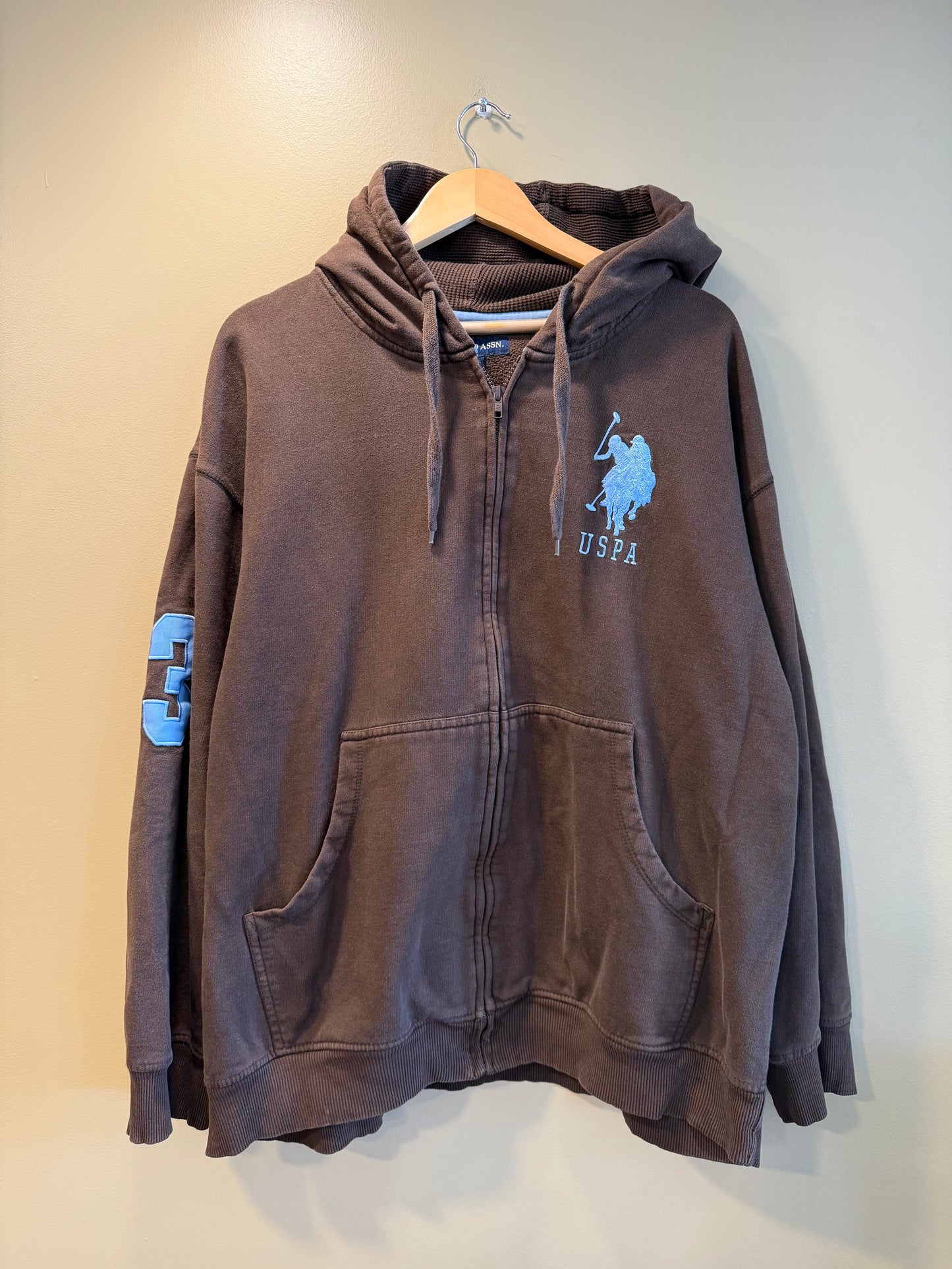 Vintage Y2K USPA Brown & Baby Blue Zip-Up Hoodie Sweatshirt- XL