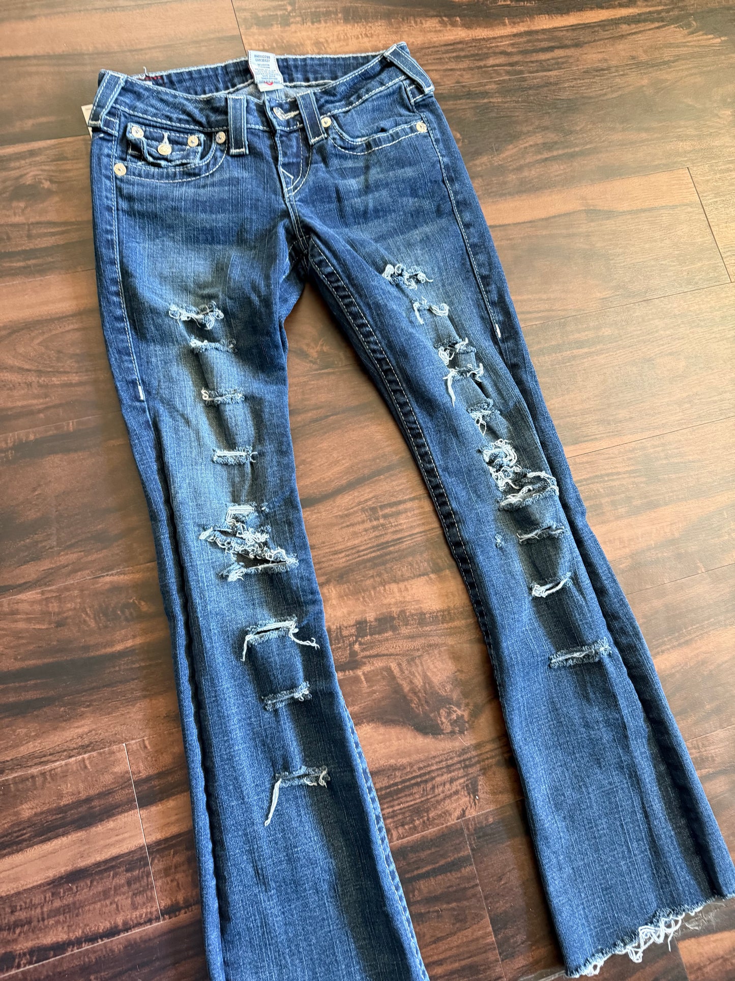 Vintage True Religion Dark Wash Distressed Flare Denim Jeans- 28x31