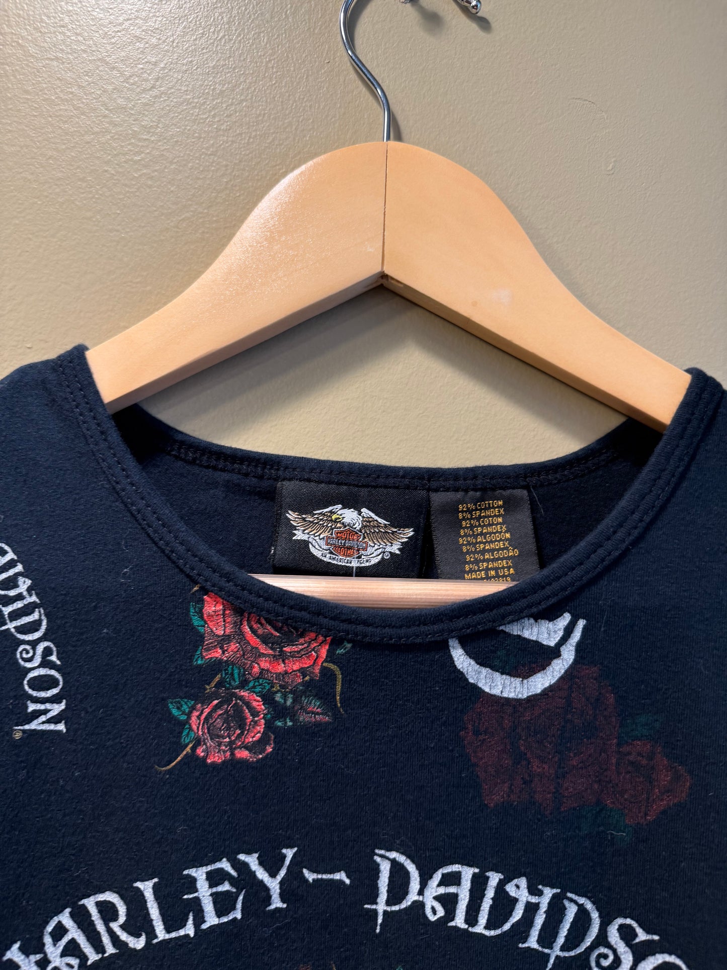 Vintage Harley Davidson Motorcycles Roses All Over Print T-Shirt- S