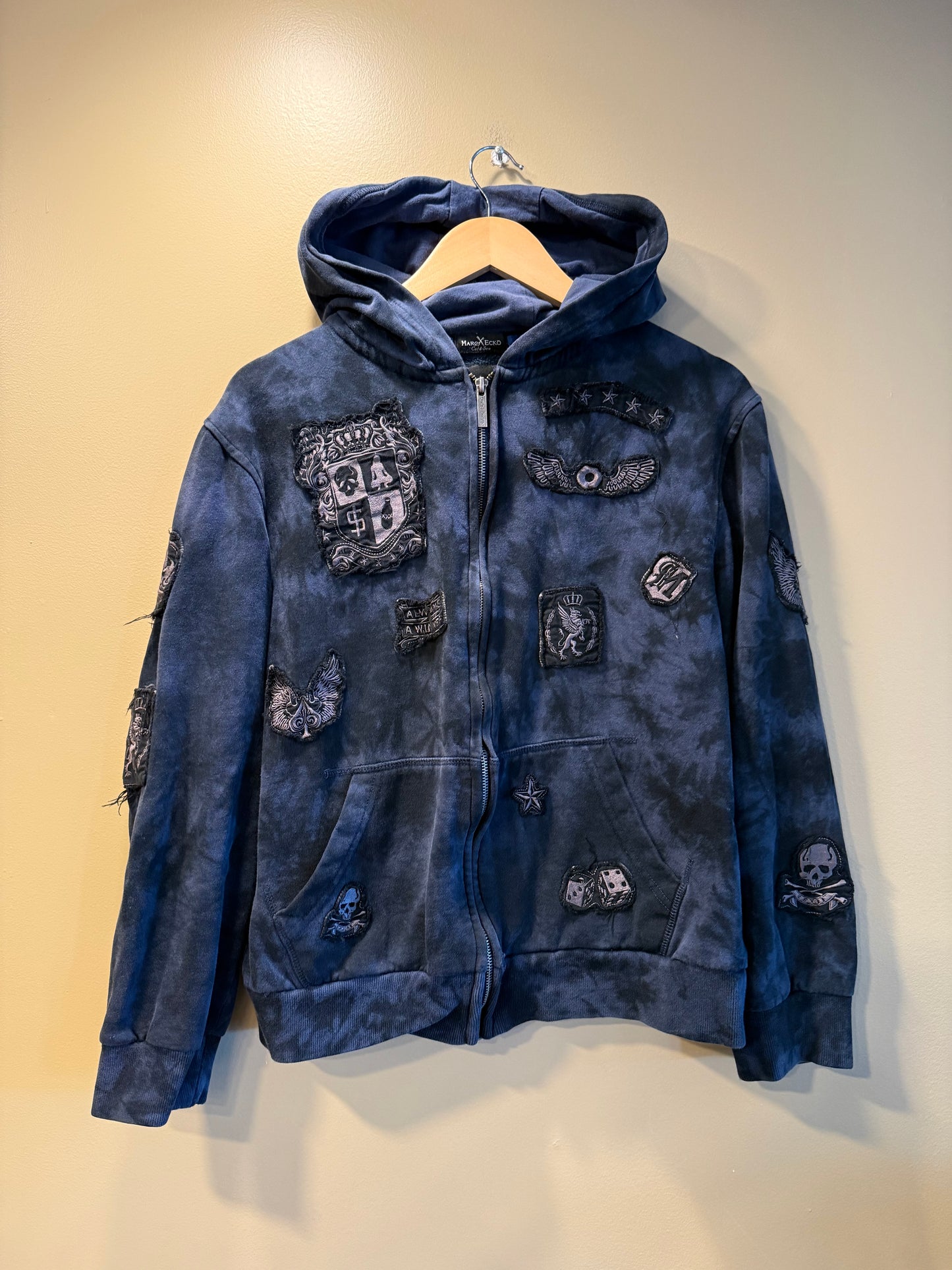 Vintage March Echo Y2K Cut & Sew Blue Zip-Up Hoodie Sweatshirt- M